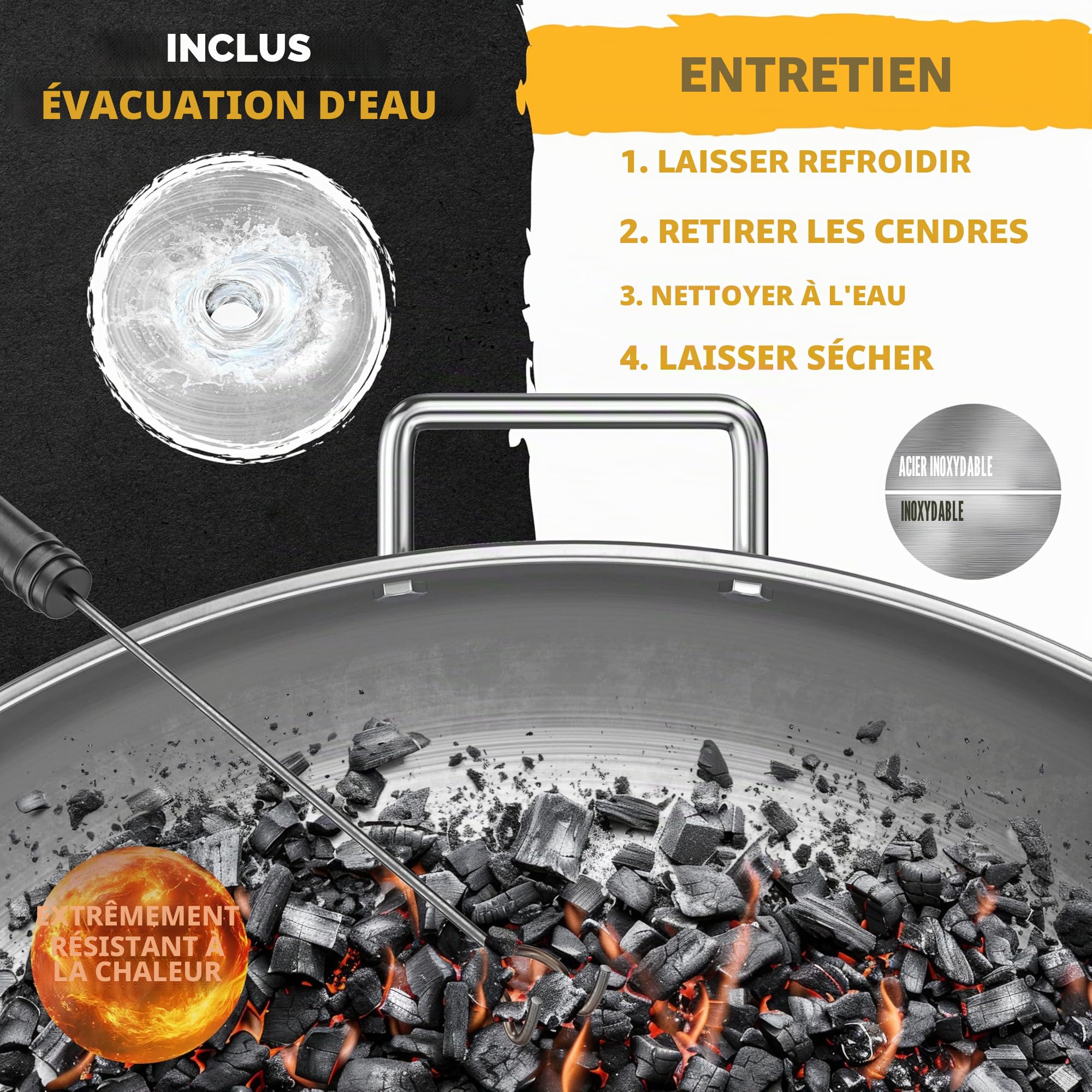 KESSER® Brasero en acier inoxydable 2,5 mm d'épaisseur Diamètre : 70 cm 42 cm Crochet en fonte 2 poignées solides Pour feu de camp, jardin et terrasse