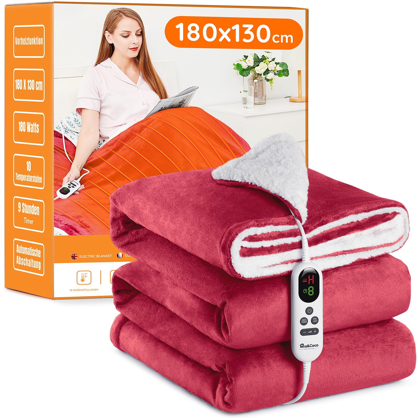 Heizdecke mit Abschaltautomatik, 130x180cm 10 Heizstufen 1~9 Stunden Auto-Off-Timer Überhitzungsschutz, Elektrische Wärmedecke Bett Wärme Decke ETL für Home & Office Schnelle Flanell Waschbar Rot