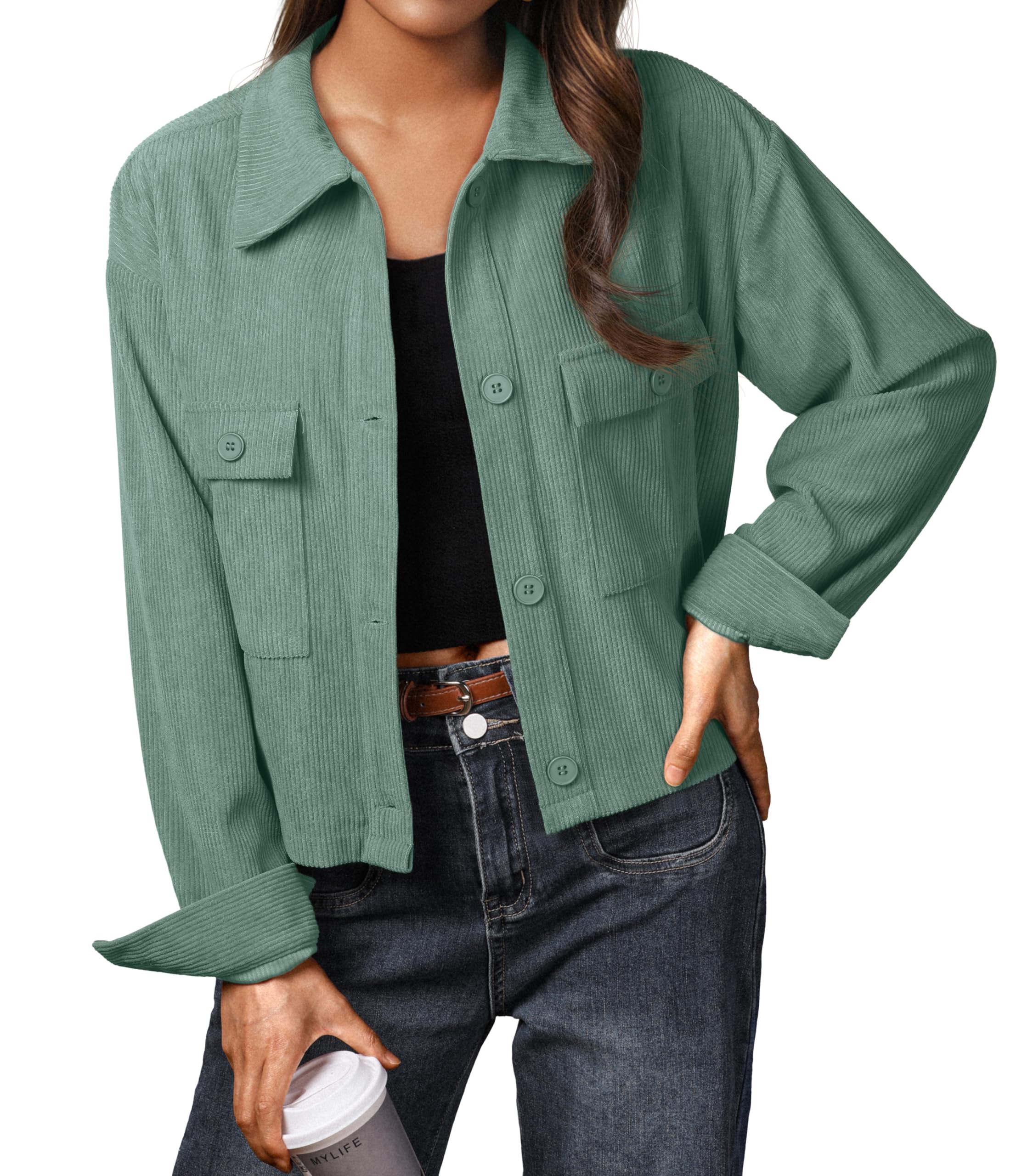 IWOLLENCE Cordjacke Damen Hemdjacke Cordhemd Kurzjacke Langarm Revers Button-Down Shacket Mantel