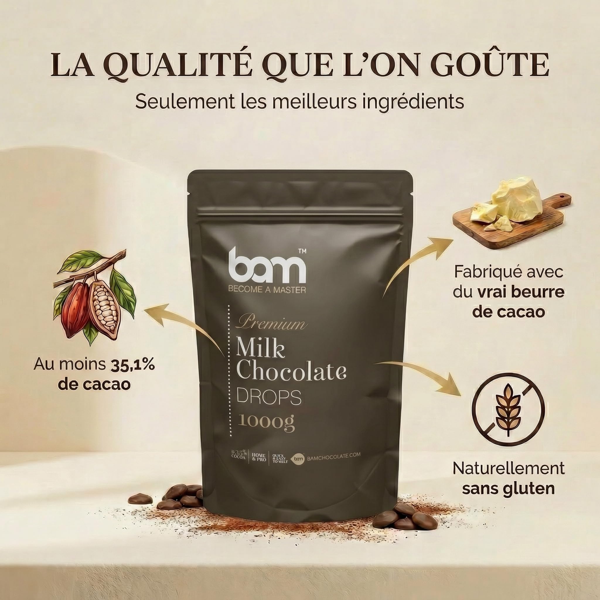 BAM Pépites de Chocolat au Lait de Couverture 35% Cacao | Chocolat Pâtissier pour Ganache, Fondue & Fontaine – 1kg
