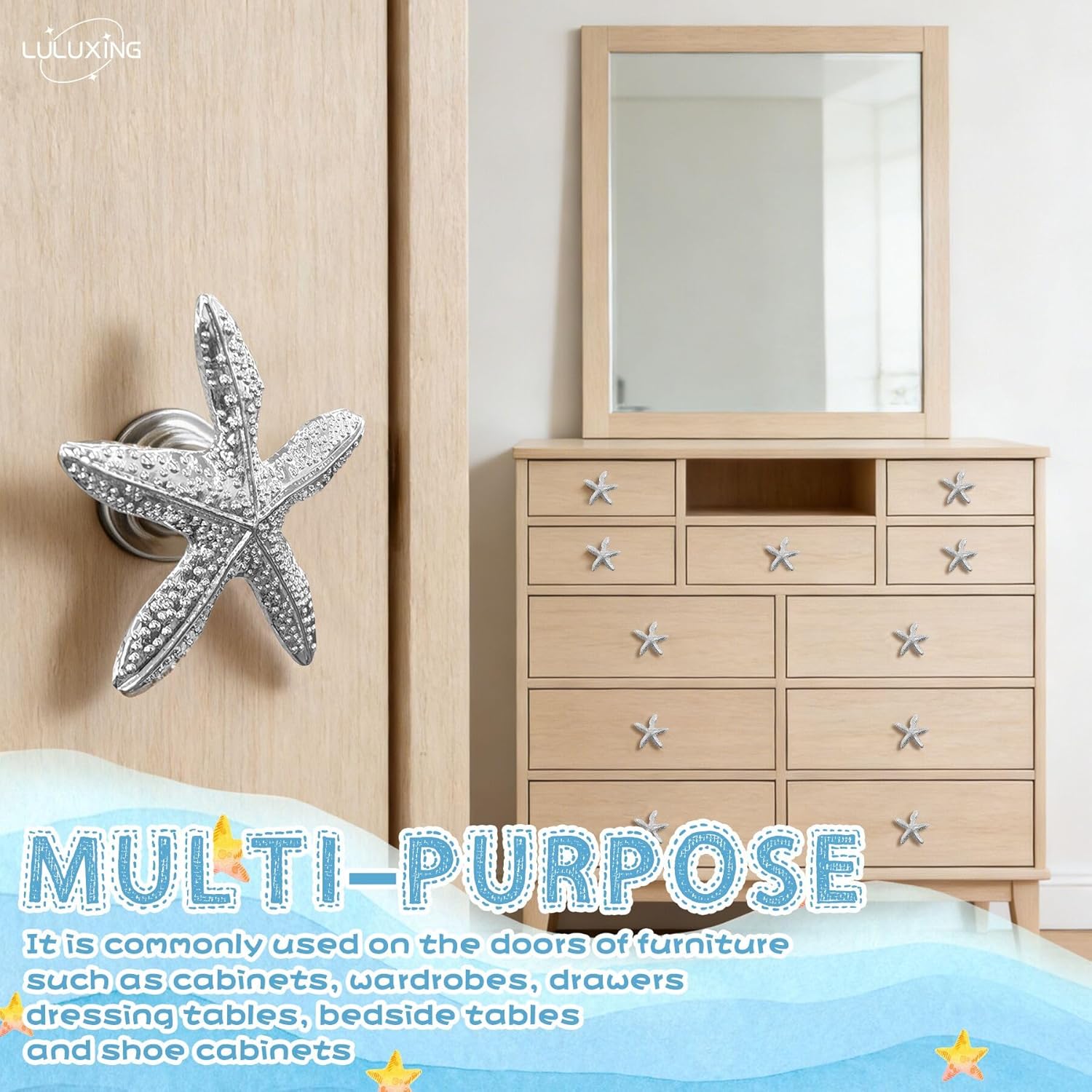 6pcs Starfish Dresser Knobs Starfish Furniture Pull Knobs Silver Beach Ocean Theme Handles for Bathroom Kitchen Cupboard Wardrobe Decoration