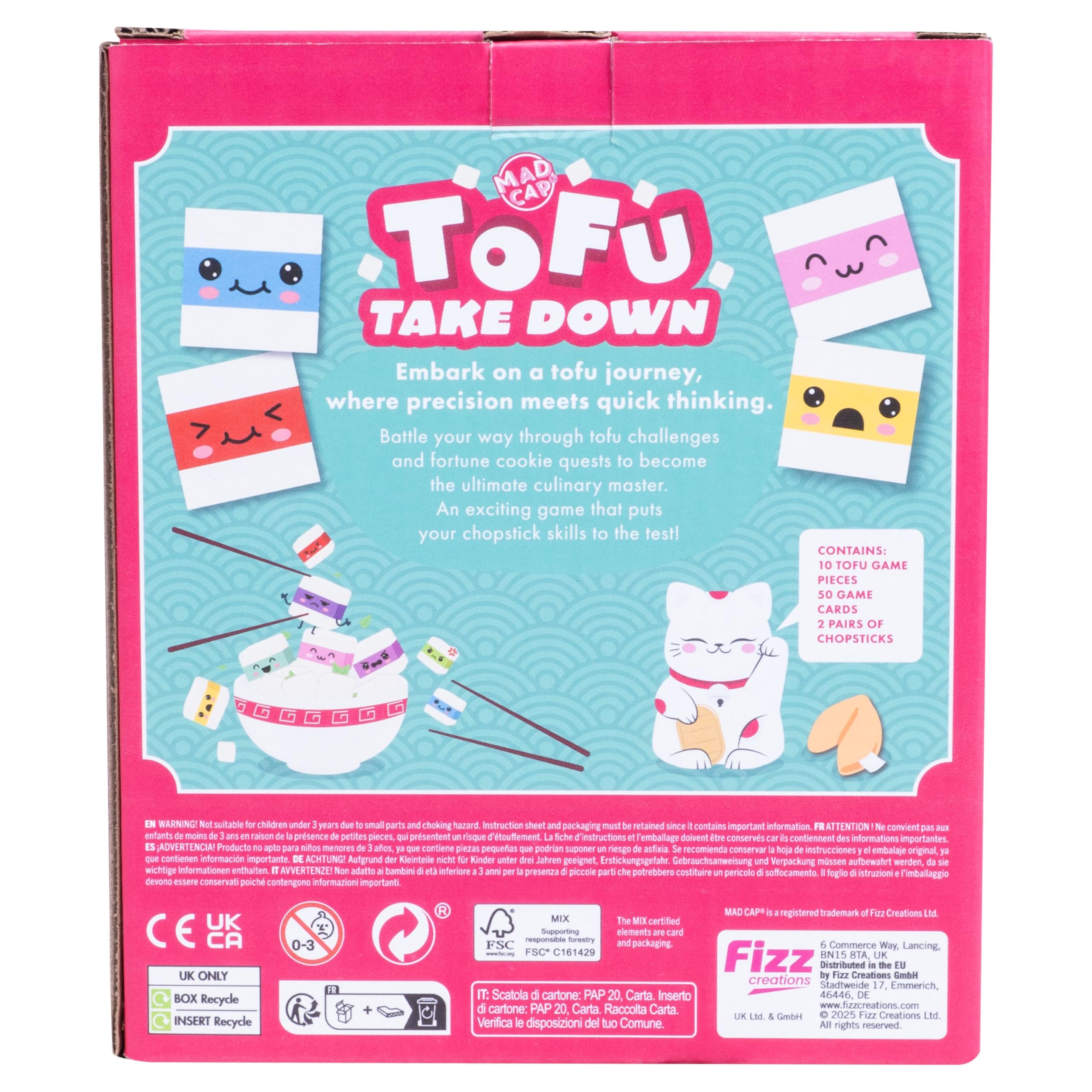 Fizz Creations Tofu Take Down Fun Family Game. Divertenti giochi per feste Caratteristiche 2 paia di bacchette, 10 pezzi di tofu squishy e 50 carte sfida. Età 8+
