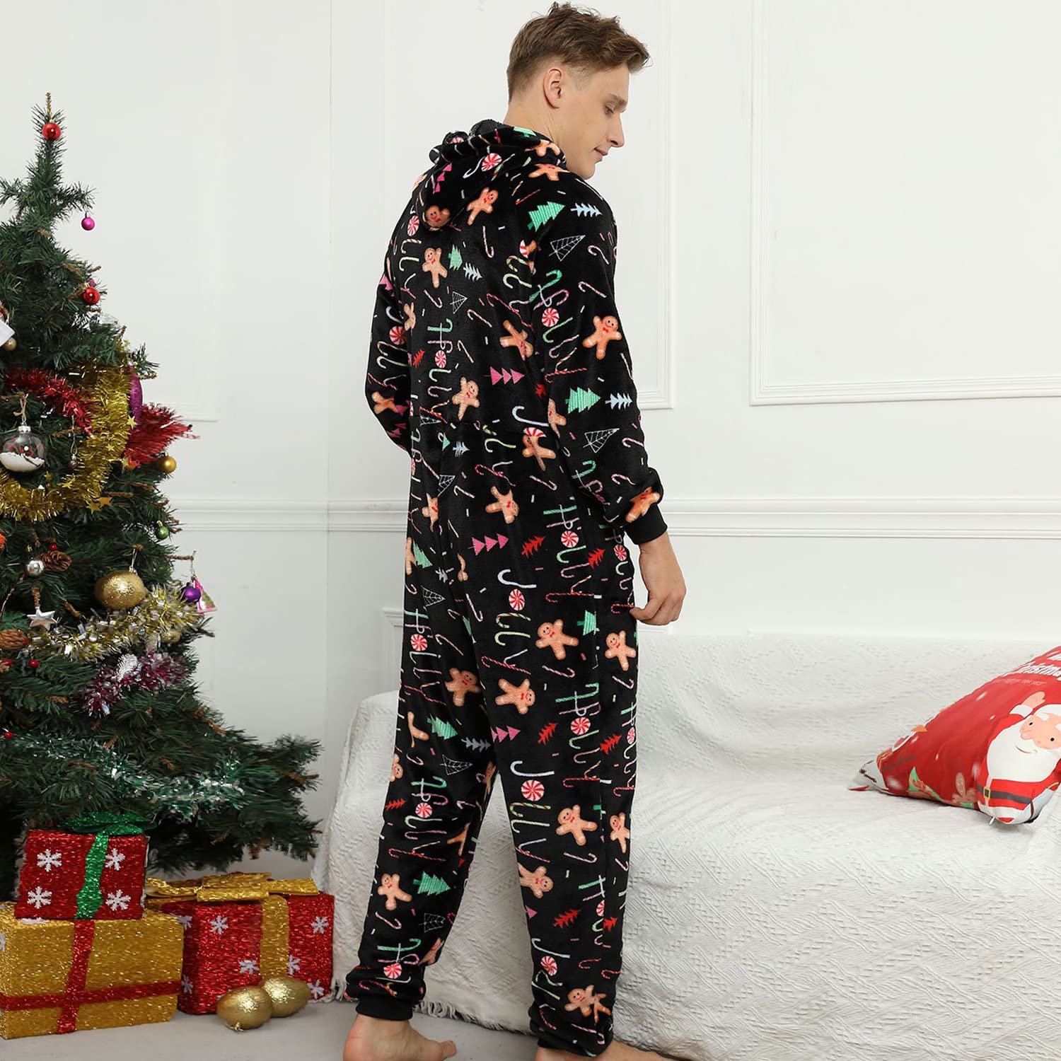 Pijama Navidad Pareja con Capucha Cálido Franela Polar Cremallera Una Pieza Otoño Invierno Primavera Adulto Ropa Mono Pijamas Entero con Bolsillos