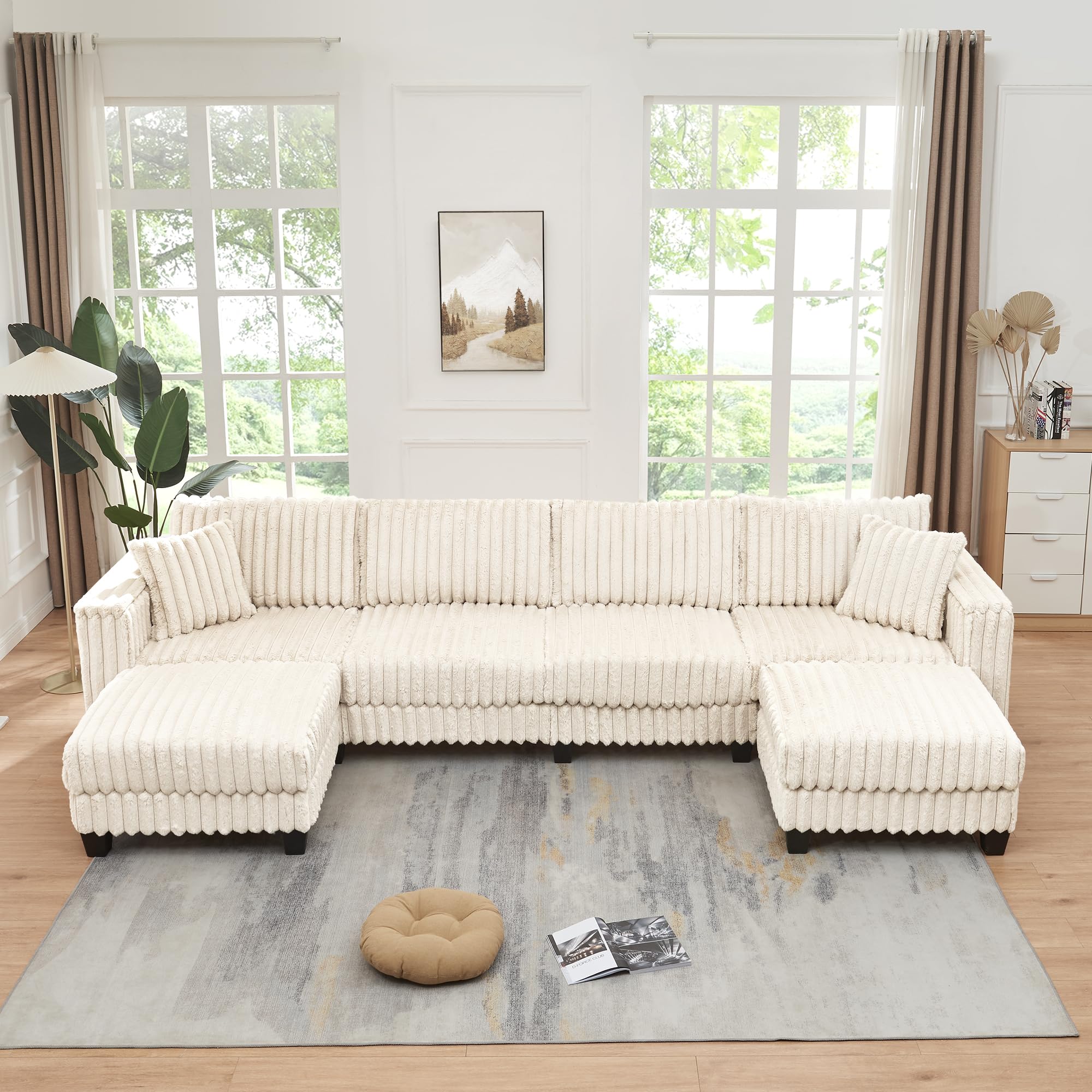 AVZEAR 137" U-Shaped Cloud Sectional Sofa, Comfy Faux Rabbit Fur Fabric Couch Sectional Sofa with Ottoman and Pillows, Modern Upholstered Deep Seat