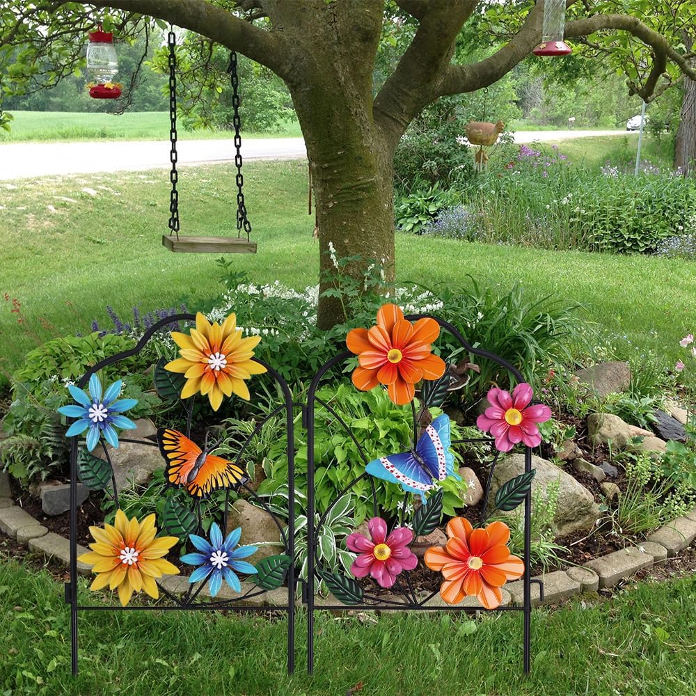hogardeck Garden Decor for Outside, Set of 2 Metal Fence Decorative Garden Stakes with Flowers for Spring Decor, Yard Signs for Outdoor Patio Lawn Backyard Porch Decorations