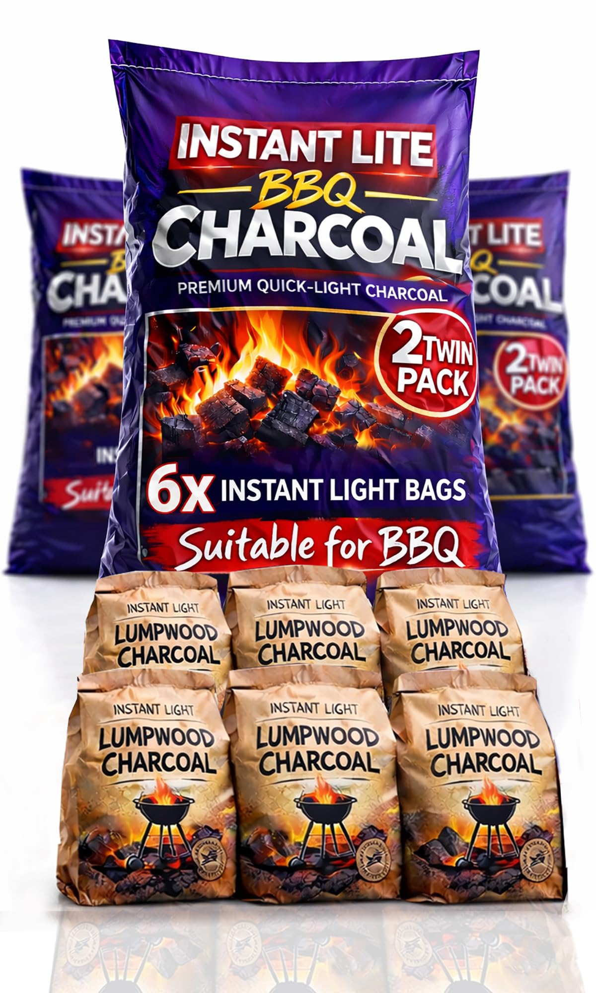 6 x 1.25kg Bags (7.5kg) Premium Instant Light BBQ Charcoal, Bags of Instant Barbecue Lumpwood Charcoal (3x Twin Packs)