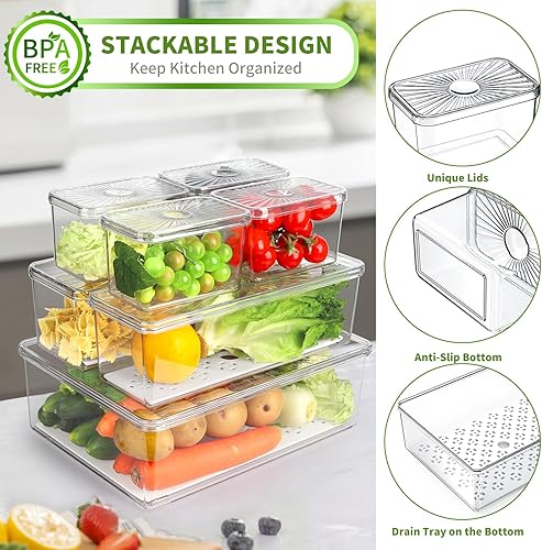 Miniatura 2 de Paquete de 13 organizadores de nevera y almacenamiento, organizador de refrigerador sin PBA con tapas, contenedores apilables de almacenamiento de