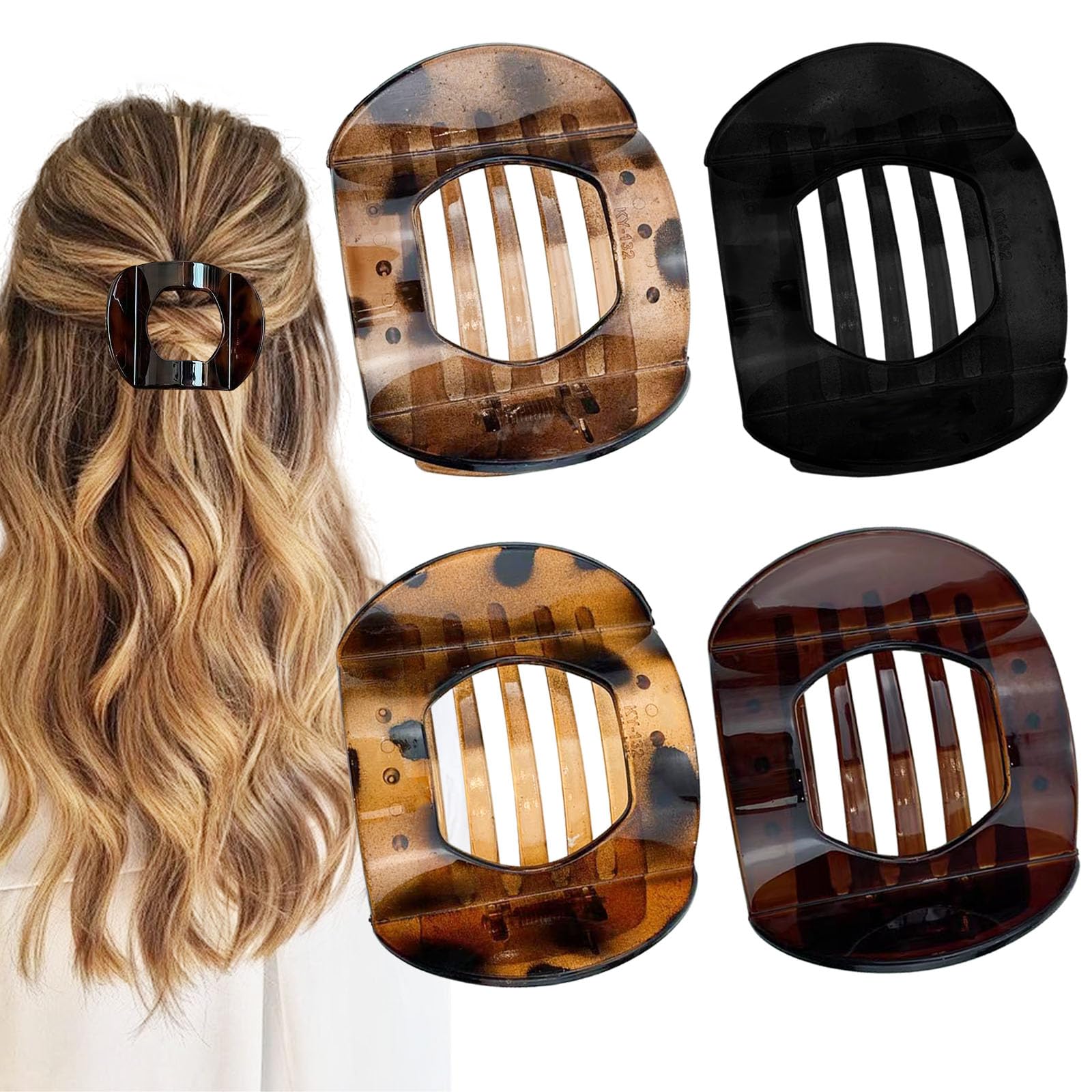 4PCS Flat Hair Clips for Women Tortoiseshell Leopard Hairpins Strong Hold Claw Clip Women Girls Hair Accessories for Thin Thick Hair