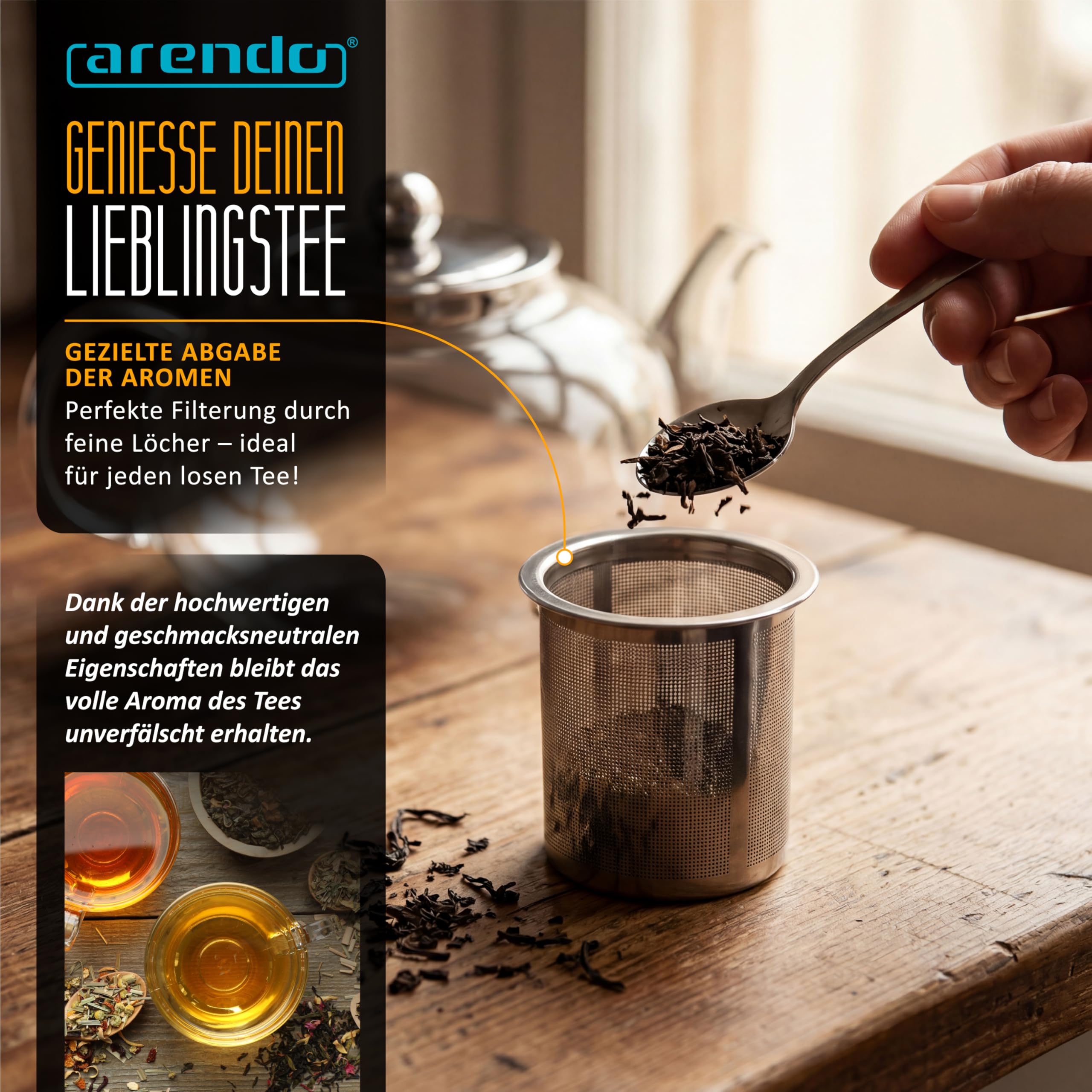 Arendo - Teekanne Glas mit Sieb - 1200 ml – aus Borosilikatglas – mit Edelstahlsieb – feinmaschig – hitzebeständig – Glasteekanne – für losen Tee Kräutertee Früchtetee – Teekocher – langlebig – feinma
