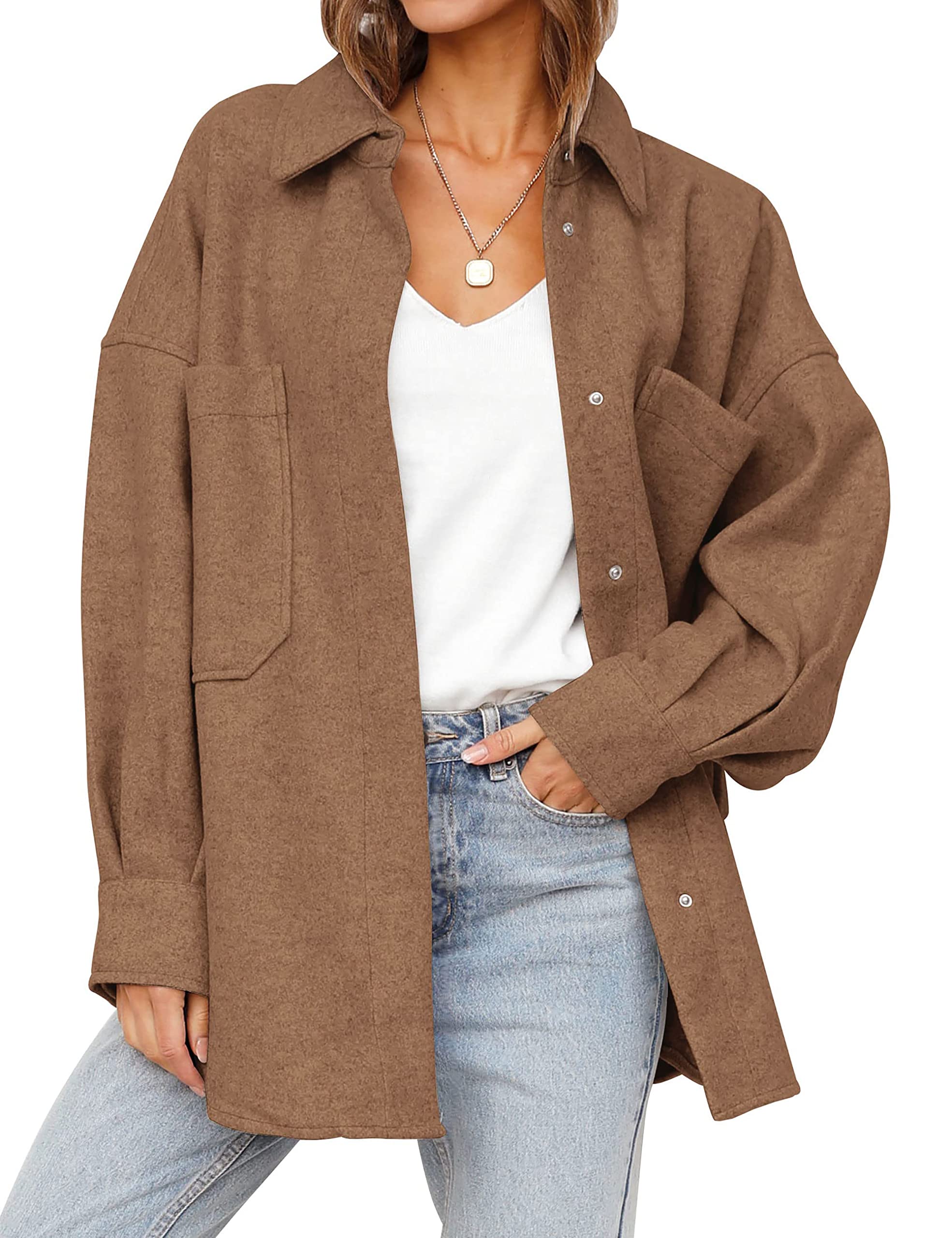 MEROKEETY Women's 2023 Fall Oversized Long Sleeve Shacket Jacket Button