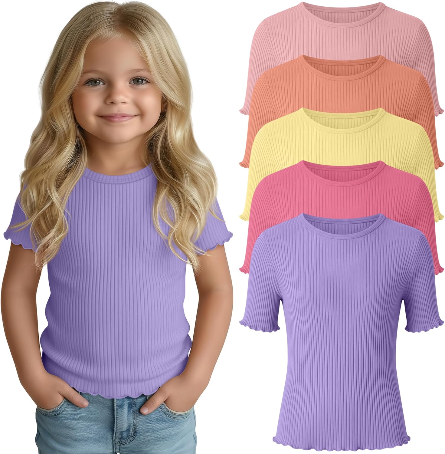 5 Pack Toddler Girl T Shirts Crew Neck Short Sleeve Ribbed Tops Baby Girls Lettuce Trim Cotton Shirts 18M-5T