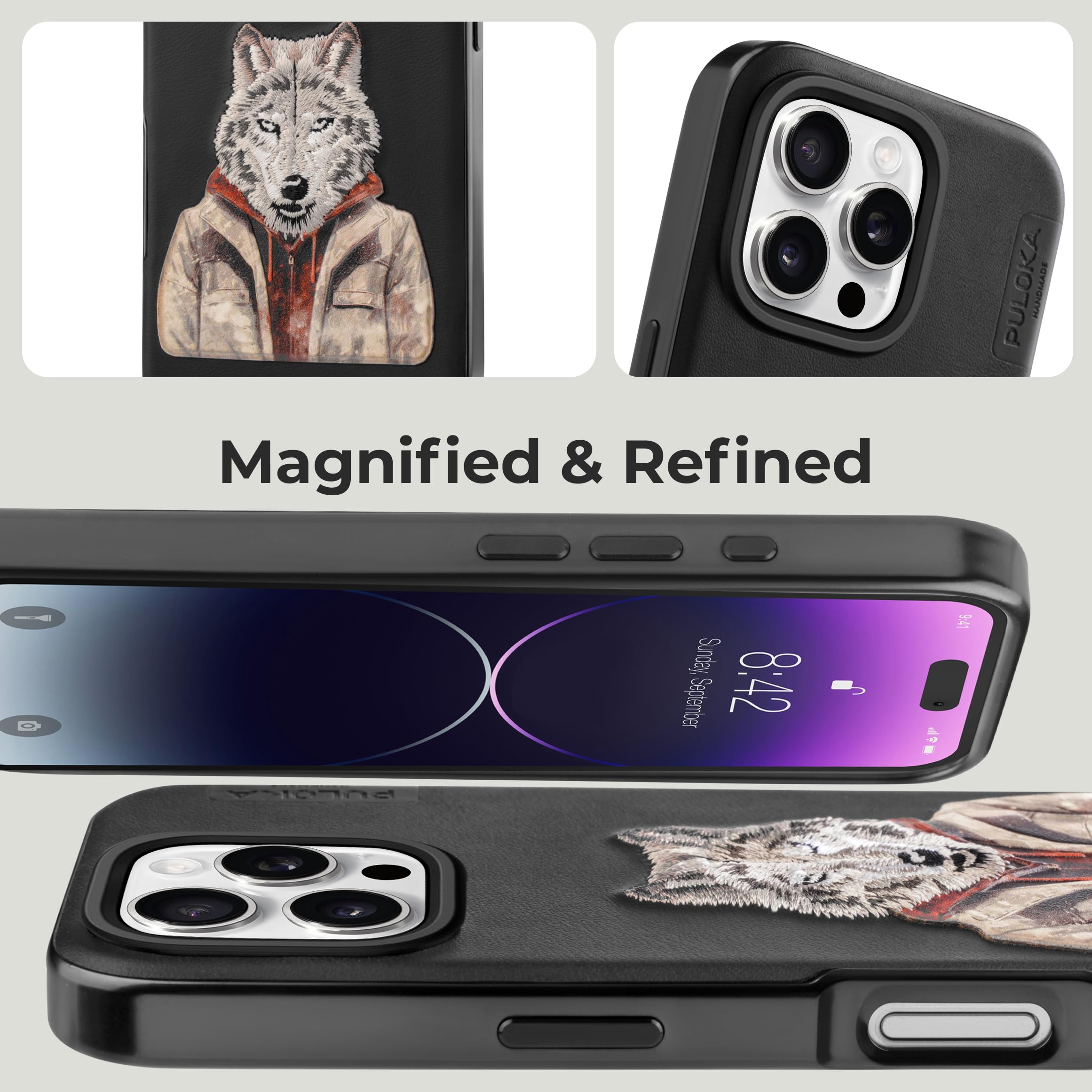 PULOKA iPhone 16 Pro Wolf Embroidery Leather Case -3