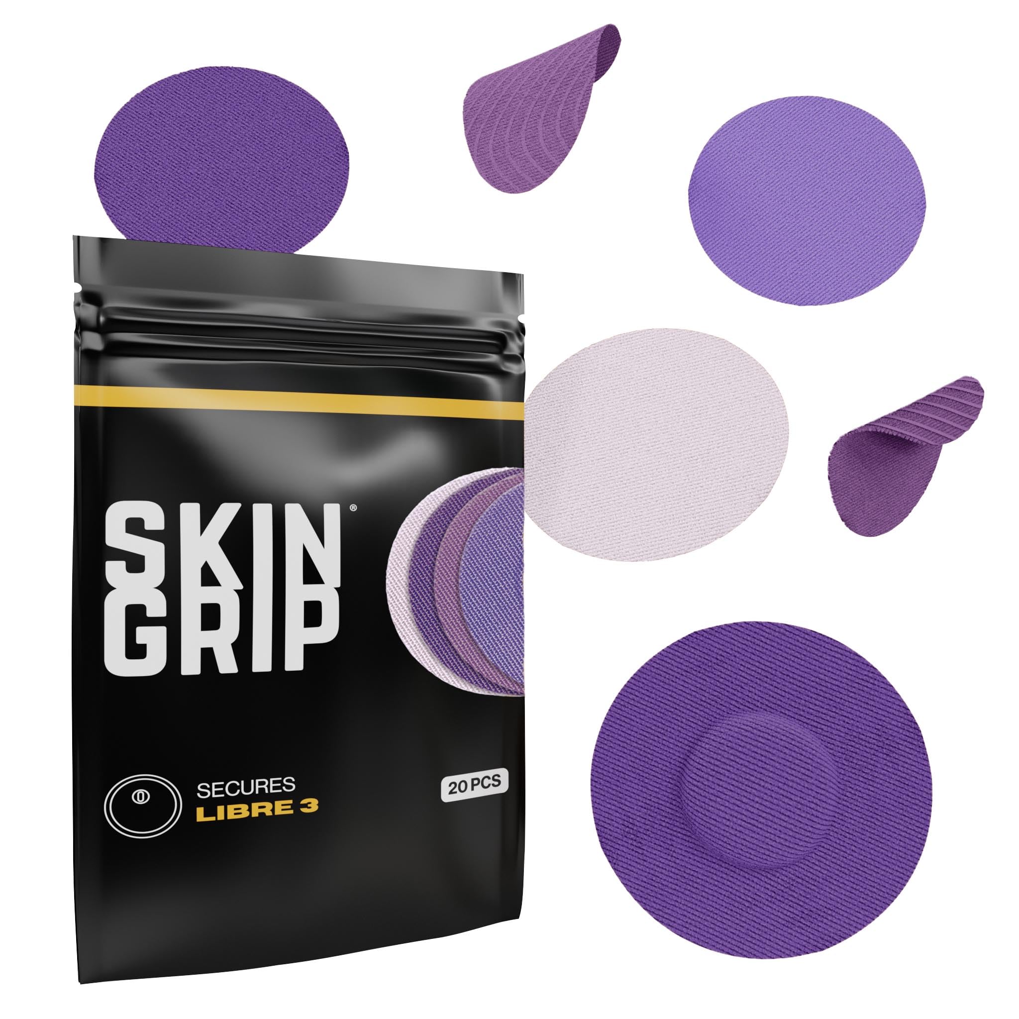Skin GripFreestyle Libre 3 Sensor Covers- Waterproof & Sweatproof Adhesive Patches for 10-15 Days (Not for Libre2), Pre-Cut Continuous Glucose Monitor Diabetic Sensors Cover - 20 Pack, Purple