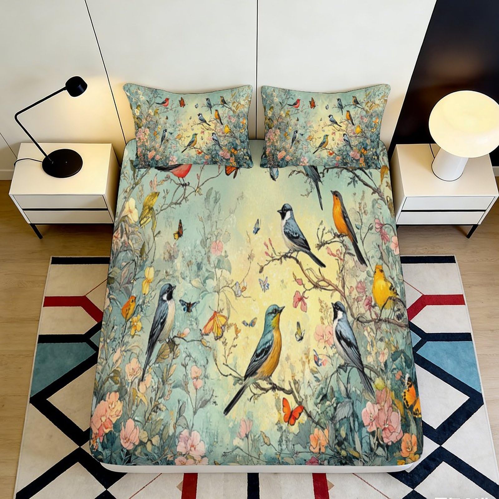 3D Printed Vintage Bird Floral Fitted Sheet Microfiber Soft Breathable Botanical Mattress Cover for Bedroom Dorm Home Decor 90x200x25cm