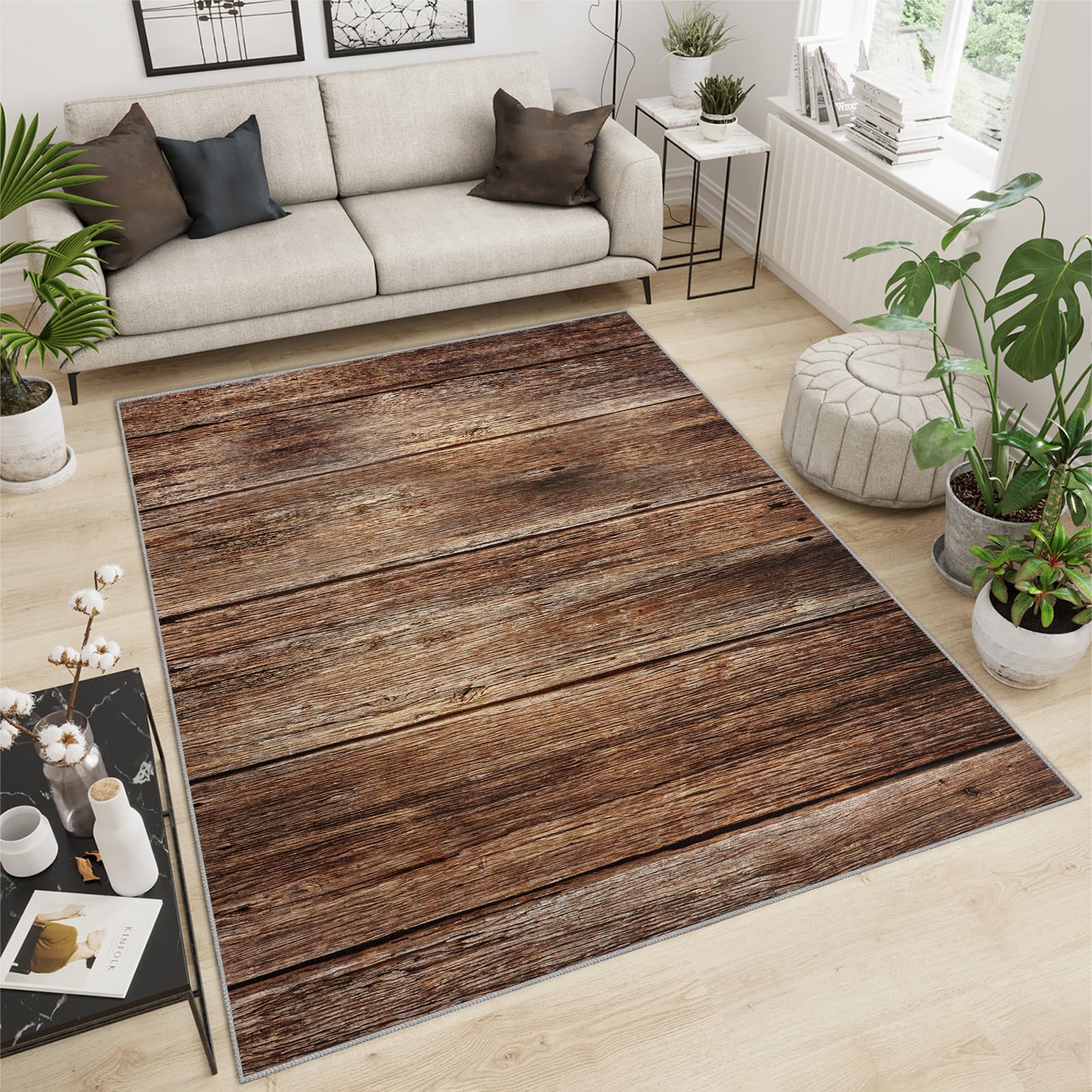 QDJKBL Area Rug 140 X 200 Cm Retro Wood Grain Planks, Modern Black and Brown Medieval Print Kitchen Rug, Sofa Cushion Fast Drying for Farmhouse