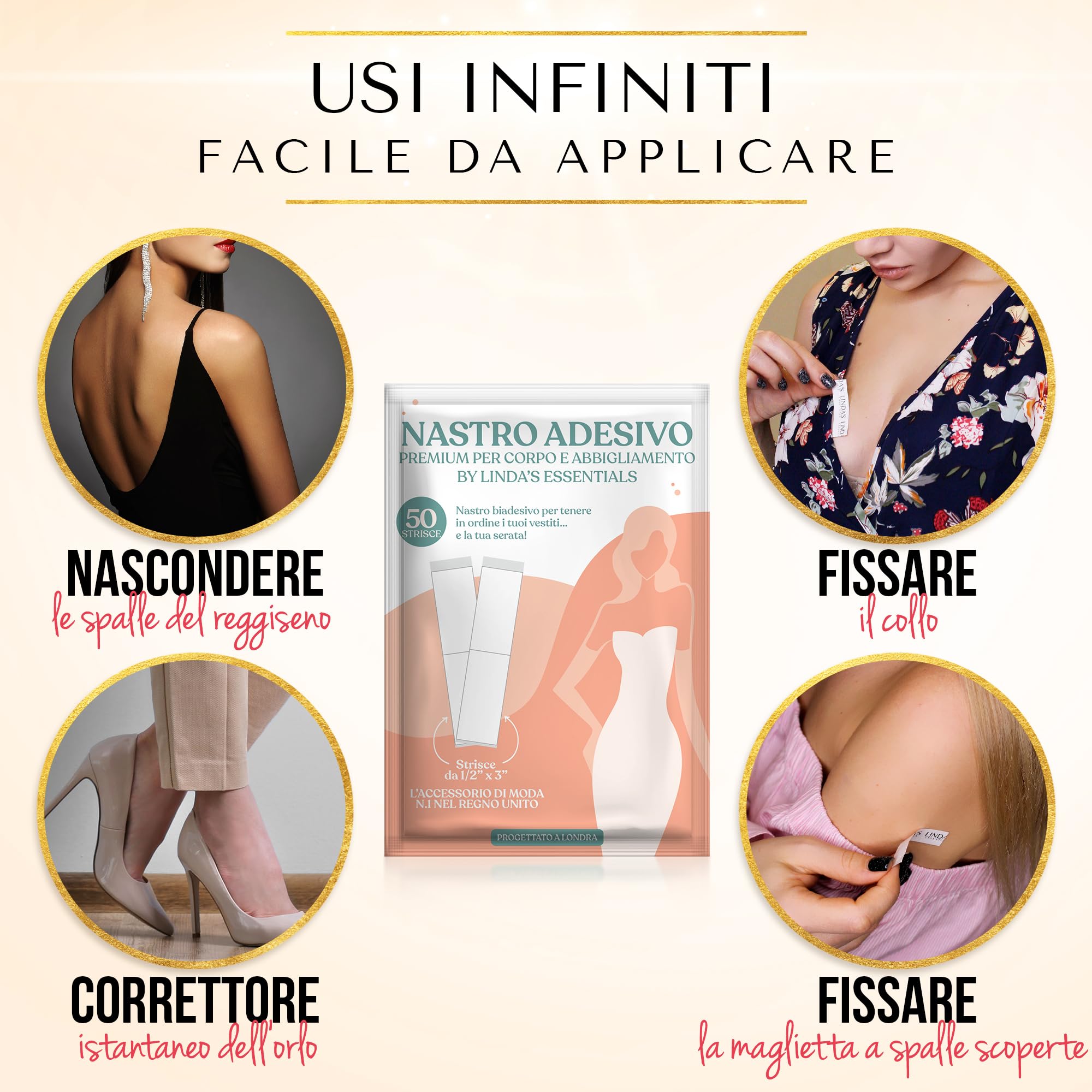 Linda's Essentials Nastro biadesivo Extra forte per tessuti Fashion Tape, biadesivo trasparente per scollature, spalline, orli