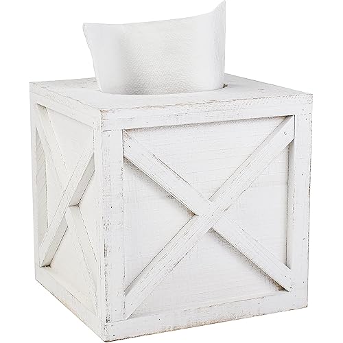 Karisky Farmhouse Square Tissue Box Cover with Slide-Out Bottom Panel, Wood Rustic Paper Facial Tissue Box Cover Holder for Bathroom, Bedroom, Night Stands, Office, 6 x 6 inch, White