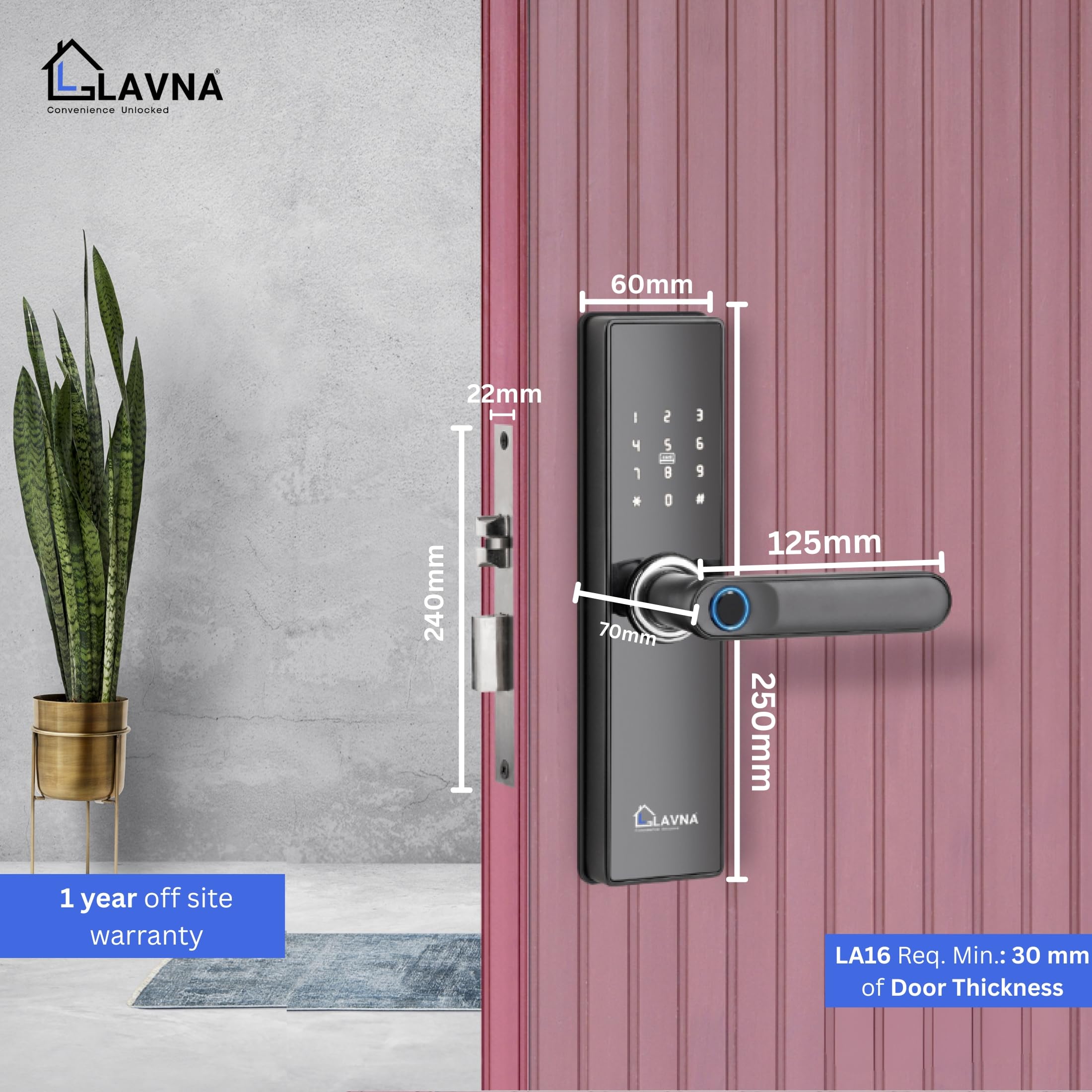 LAVNA Smart Wi-Fi Door Lock | 7 Way Unlock | Fingerprint, Mobile App, WiFi + Bluetooth, RFID Card, OTP, PIN and Manual Key Access for Wooden Doors | SS Locking Bolts (LA16 WF) 2