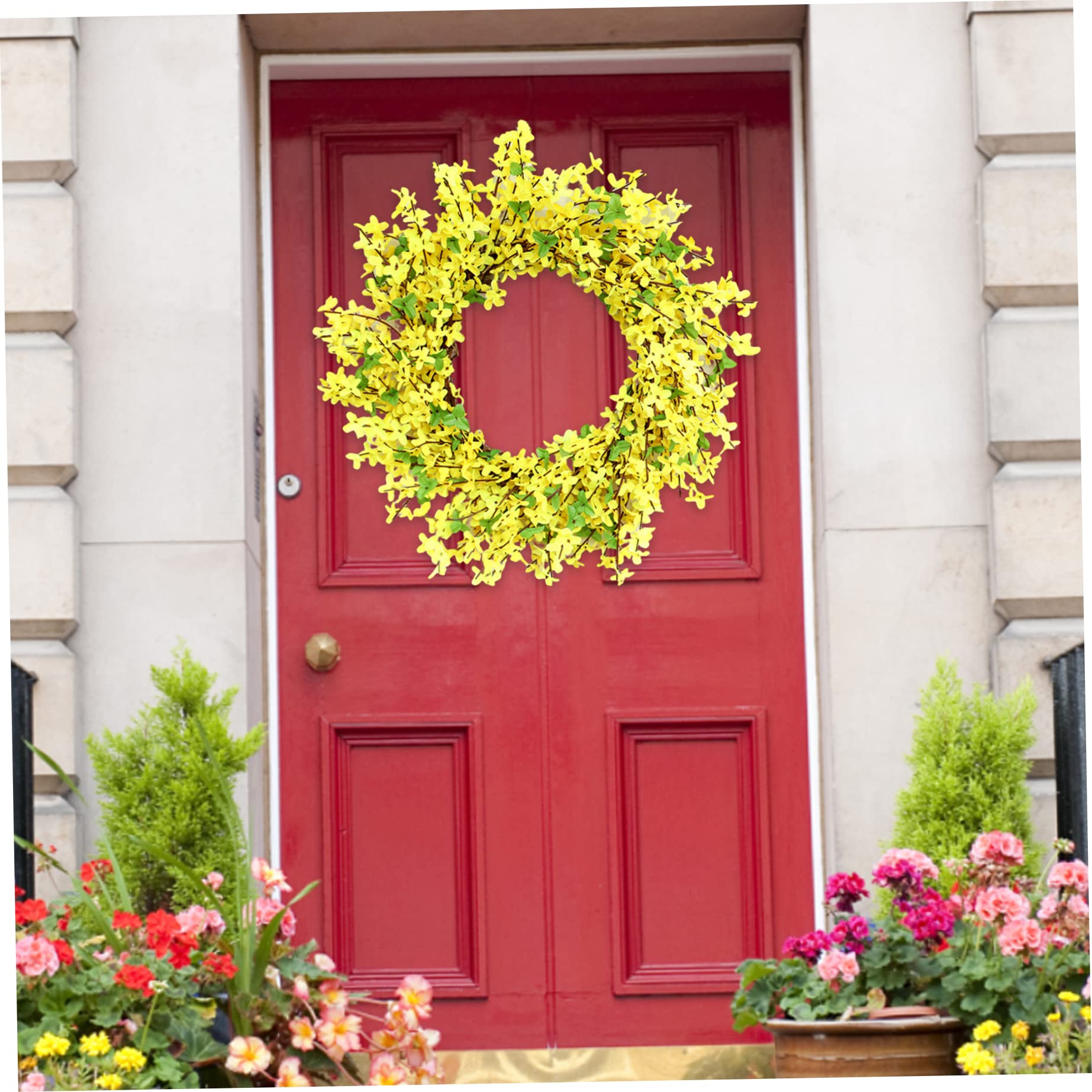 Couronnes de Printemps et d'été Jaunes, Couronne de forsythia Jaune, Couronne Porte Artificielle à Suspendre au Printemps et à l'été pour décoration Porche Porte d'entrée 50 cm