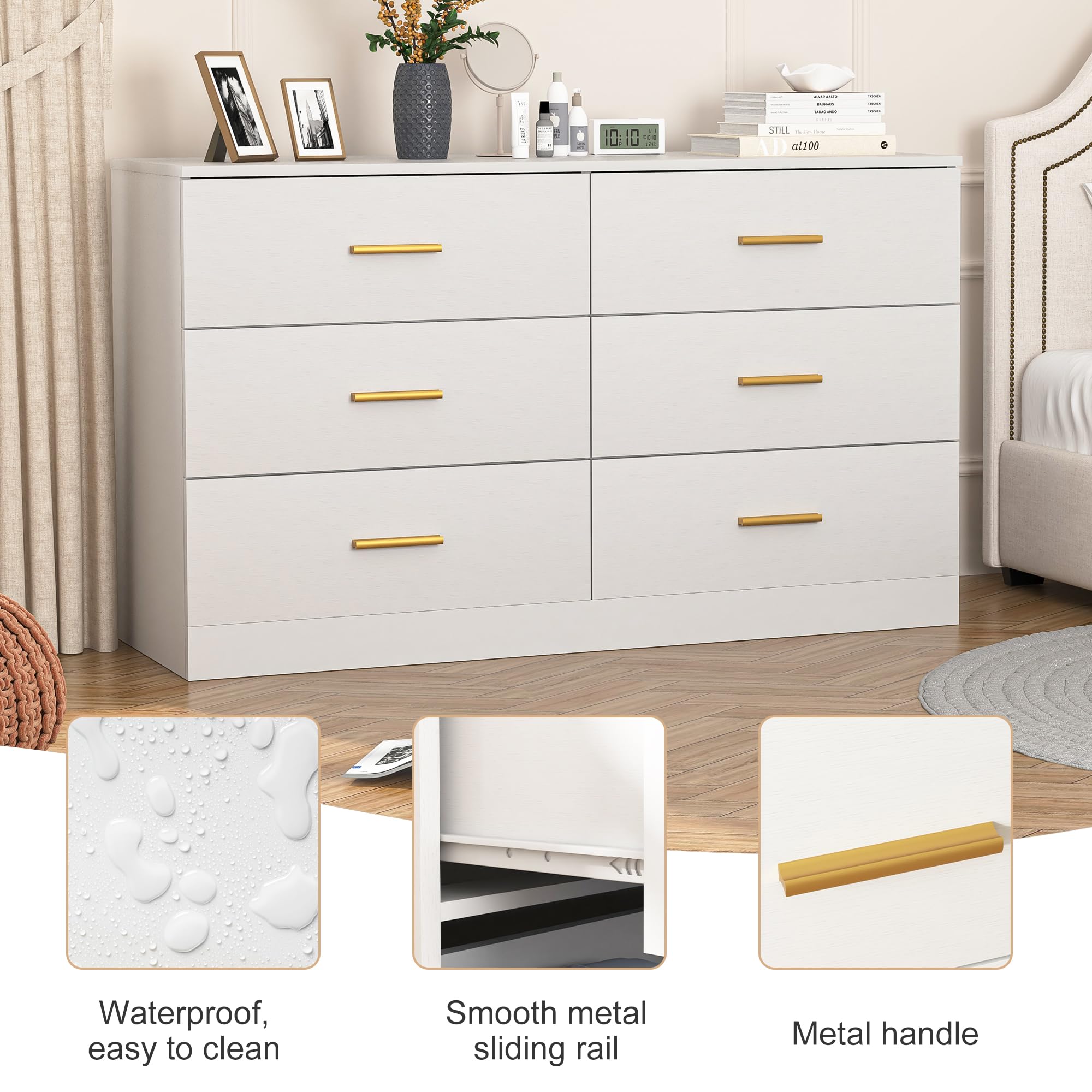 Amazon.com: Vibe & Dine 6 Drawer Dresser, White Dresser for Bedroom with Gold  Handles, Modern Wooden Chest of Drawers with Wide Storage for Living Room :  Home & Kitchen