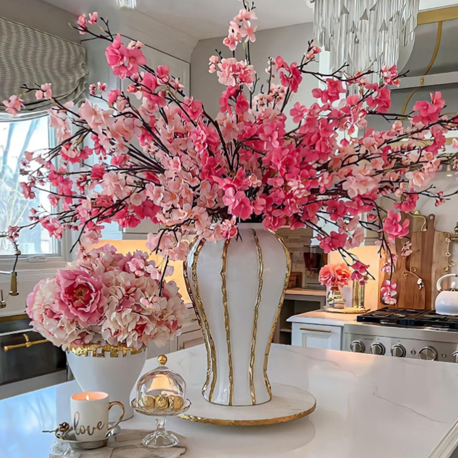 Ceramiczny biały wazon na imbir w złote linie, europejski wazon na imbir, dekoracja do domu, ręcznie robiony wazon na imbir w stylu chinoiserie z pokrywką, 14 cali, idealny na wesela i do do