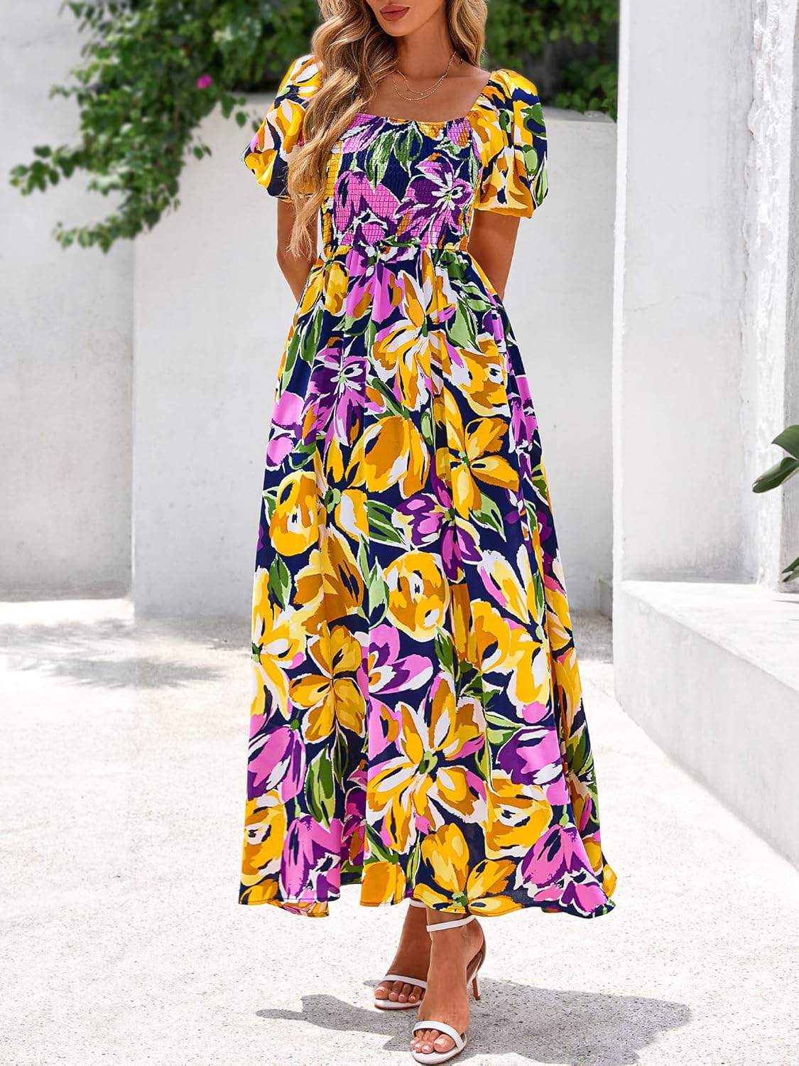 BTFBM Womens Spring 2026 Casual Maxi Dresses Short Sleeve Smocked Tiered Floral Boho Long Beach Dress with Pockets - Image 4