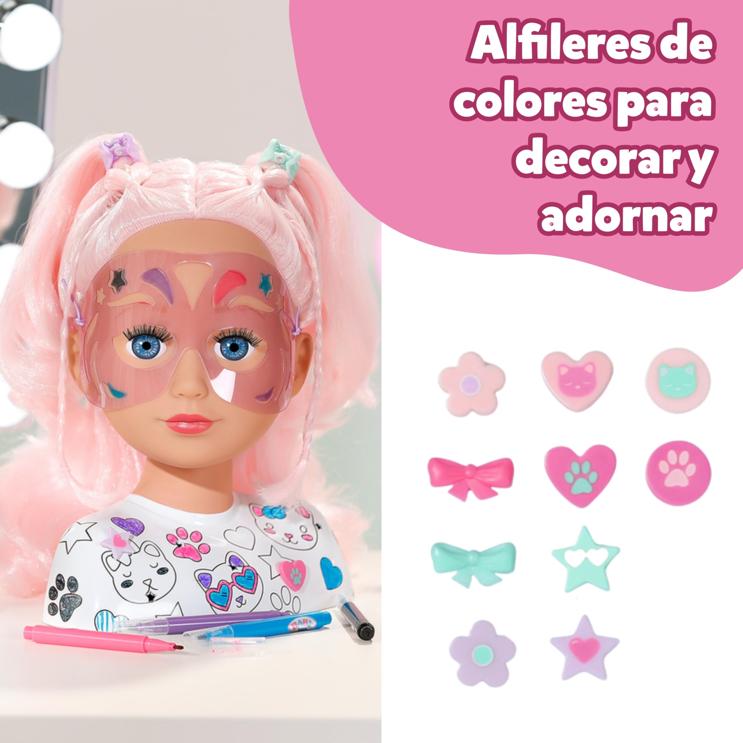 Baby Born Styling Cabeza Creativa – con Pelo Rosa, rotuladores y más de 20 Accesorios. para niños a Partir de 3 años