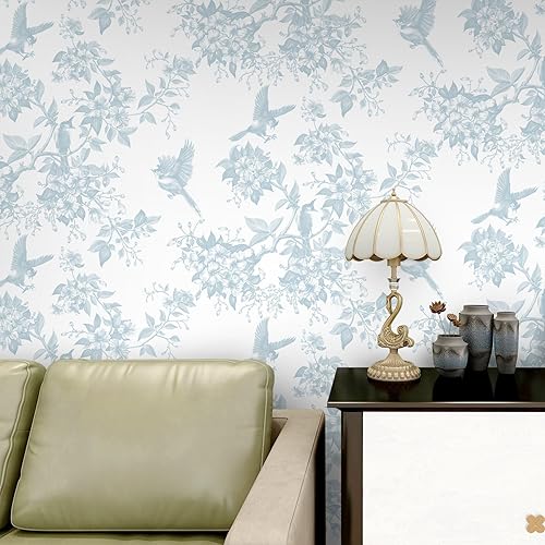 Miniatura 3 de Dimoon Papel tapiz floral de 236 x 16.1 pulgadas, diseño floral, para despegar y pegar, papel de contacto con pájaros, hojas de flores blancas y