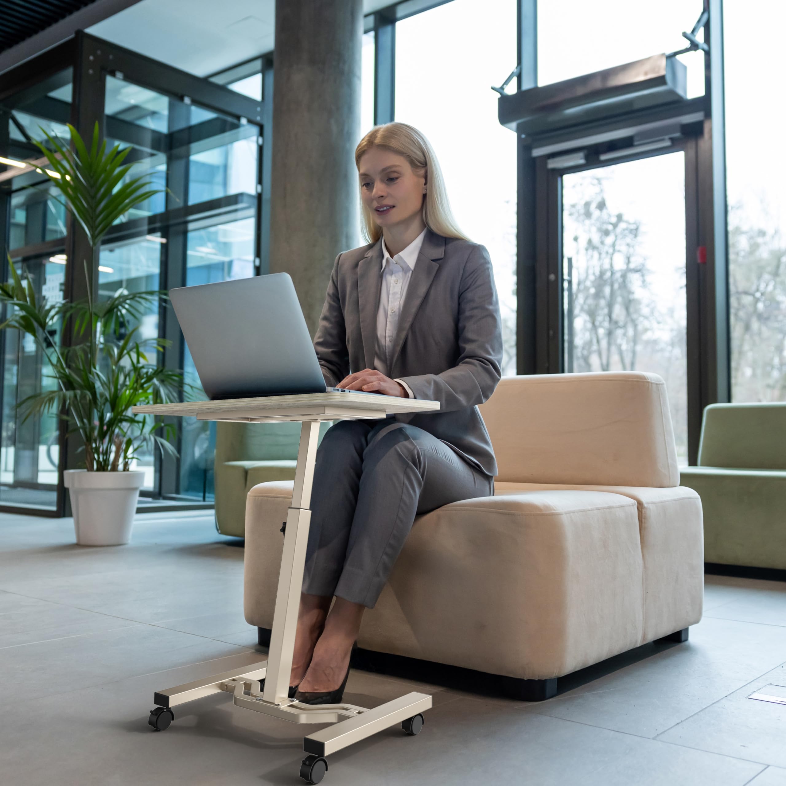 SHW Mobile Height Adjustable Laptop Rolling Cart with Height Adjustment from 28 to 33 Maple — view 6