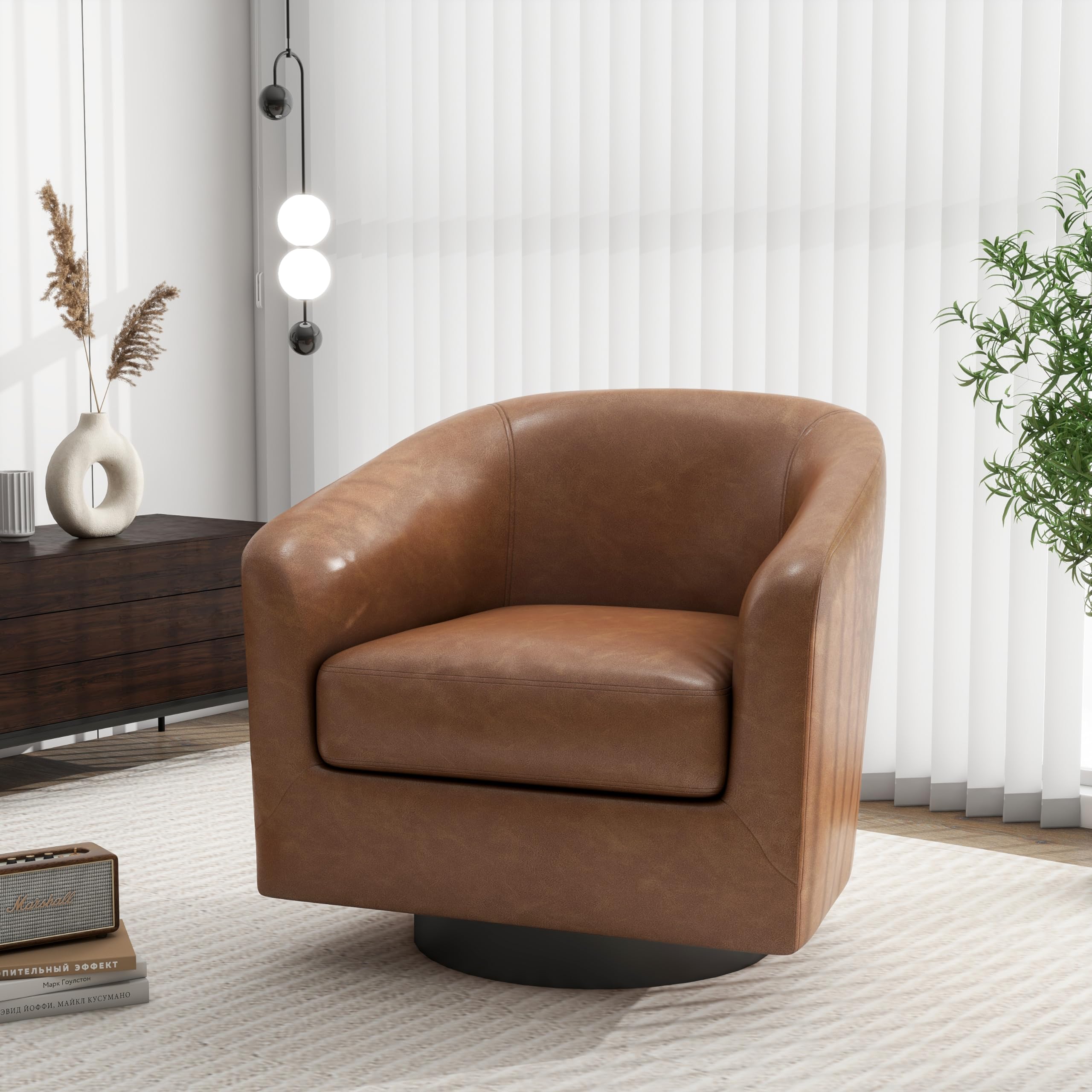 swivel barrel accent chair, modern round faux leather arm chair for living room, bedroom, comfy club reading chairs for adults(faux leather, brown, set of 1)