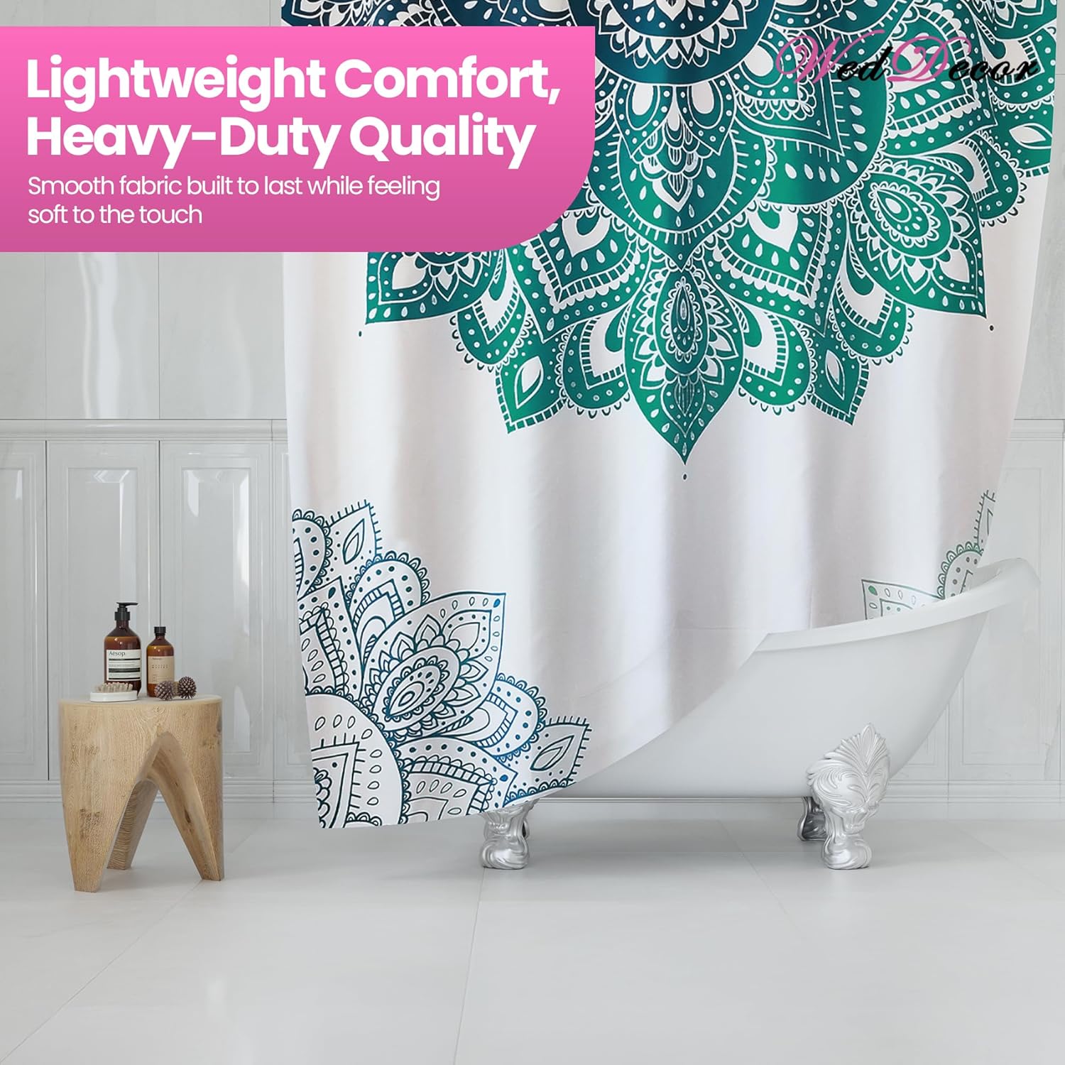 WedDecor Bathroom Shower Curtain Waterproof, Heavy Duty 100% Polyester Fabric Curtains Liner with 12 Curtain Hooks, 180cm x 180cm, Mandala Flower