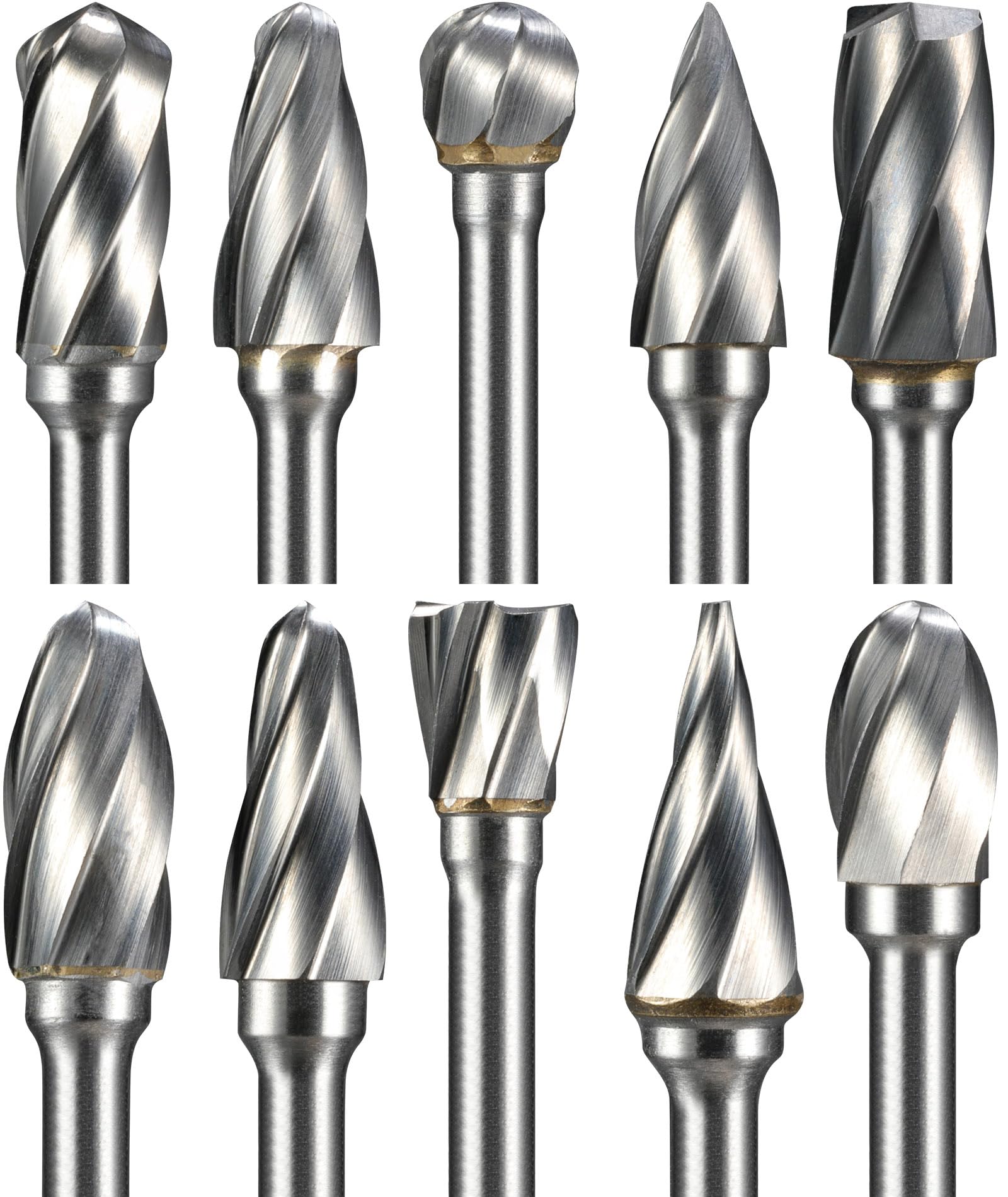 Sworker 10 Pcs Carbide Burr Set 1/8" Shank Compatible with Dremel Bits Aluminum Cut (Wide-Flute Cut) Rotary Tools Attachment Kit Rasp Drill Accessories Metal Wood Stone Steel Grinding Carving Cutting