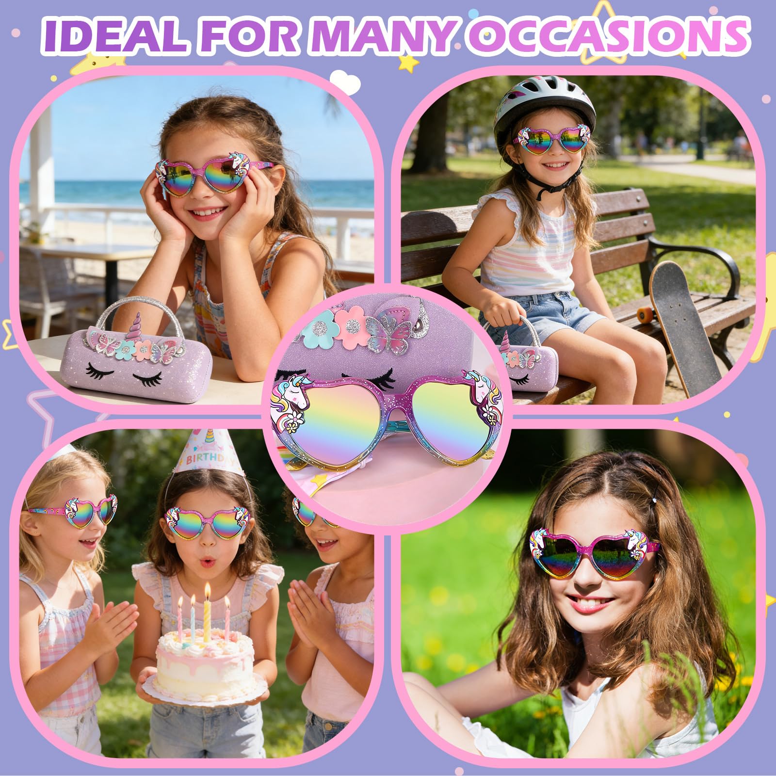 Gafas de sol Niña Corazon Unicornio UV400 Protección Rayos Decorativas Funda 3-10 Años