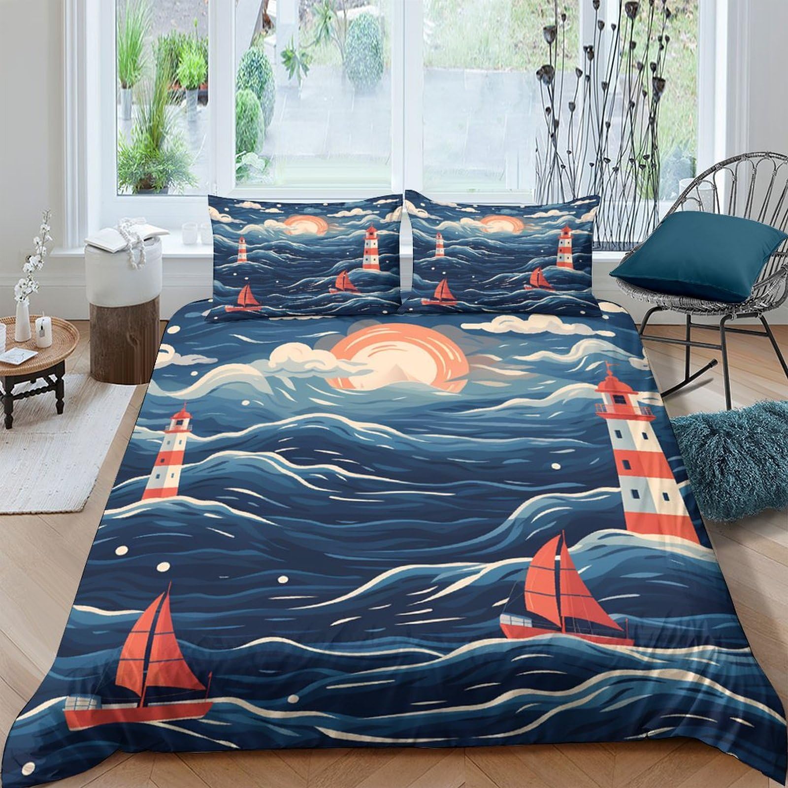 Ctjqhvkz Style-8 3D Printed Ocean Sunset Fitted Sheet Microfiber Soft Breathable Lighthouse Sailboat Bed Cover For Bedroom Decor Single（135X200cm）