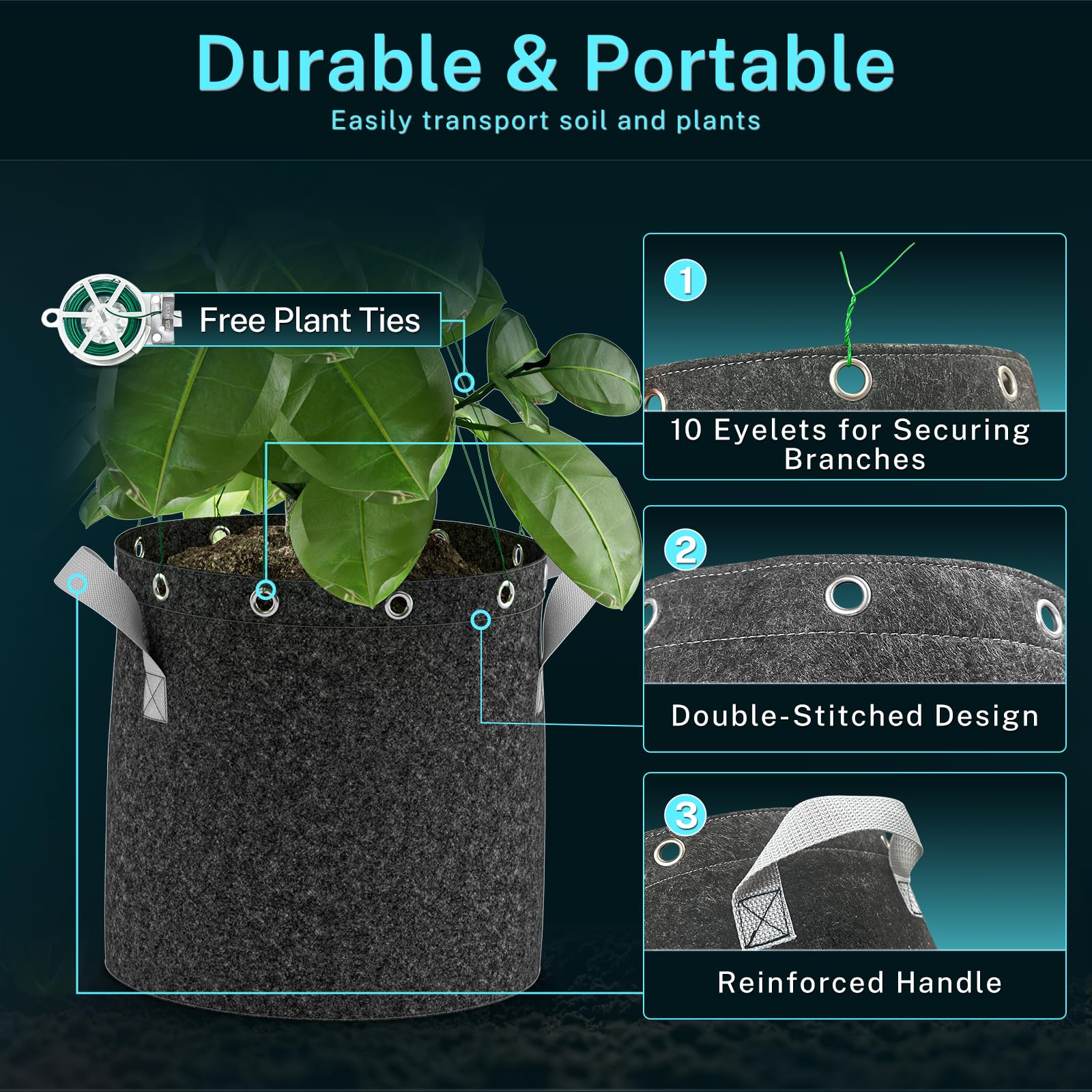 HG Power Sacco da Giardino 26L (25L + 4% Volume Extra), 5 Pezzi, Vaso in Tessuto con 20m di Filo per Piante, Ø33cm, Altezza 31,5cm – Tessuto Non Tessuto 350g/m², Resistente