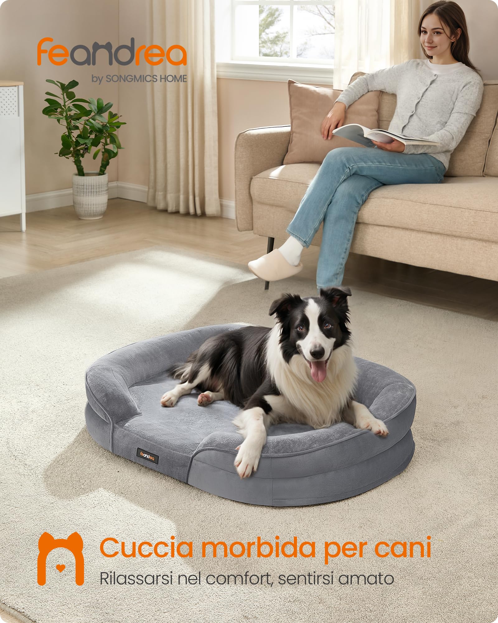 Feandrea Cuccia per Cani di Taglia Grande, 91 x 68 x 18 cm, Ortopedica, Rivestimento Impermeabile, Bordi Rialzati, Sfoderabile e Lavabile, Antiscivolo, Grigio Chiaro PGW282G01