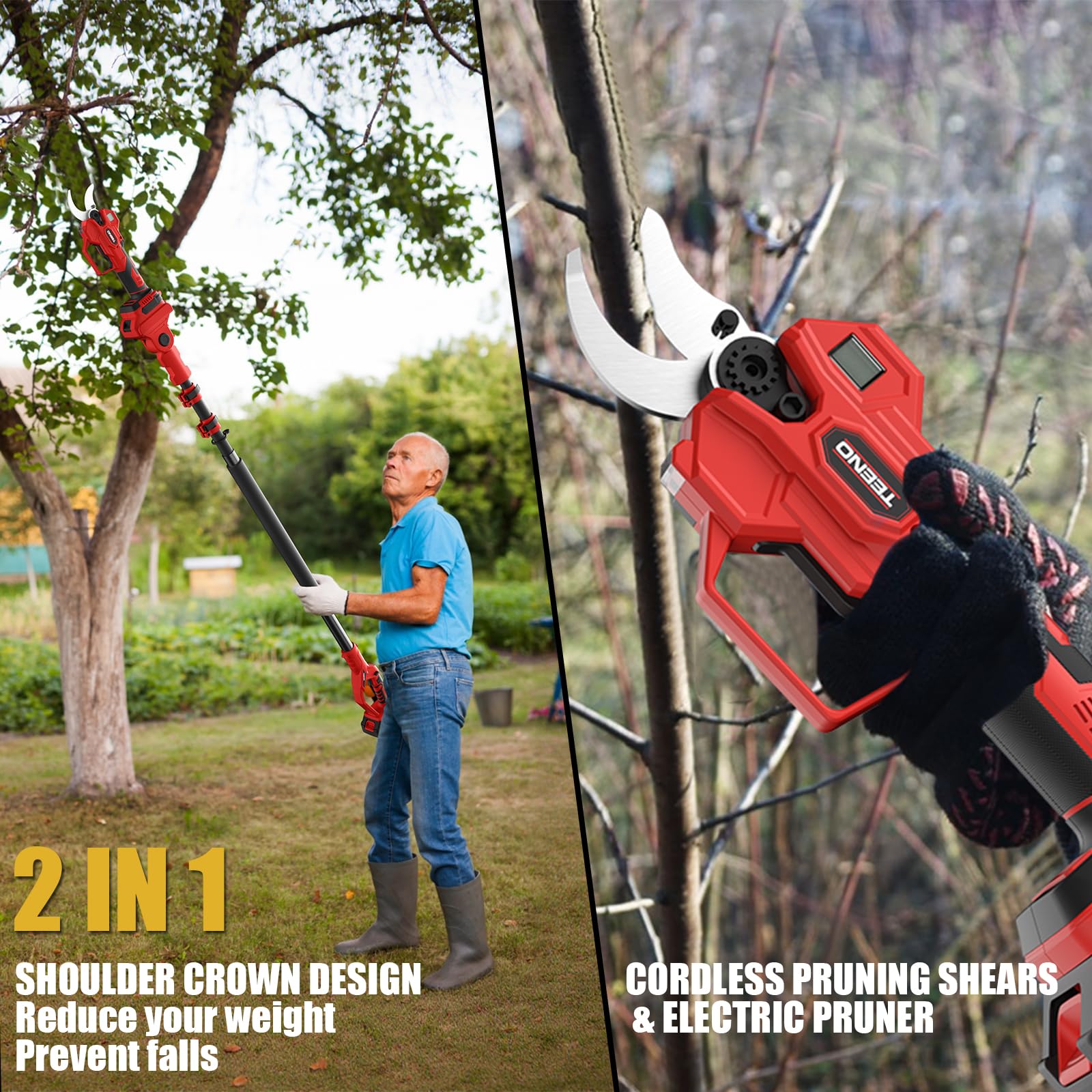 TEENO 2-en-1 Sécateur Électrique Sans Fil avec Perche d'Extension de 2 mètres, Sécateur Électrique Alimenté par Batterie 21V 2×2.0Ah, Diamètre de Coupe de 40CM, pour Élagage d'Arbres