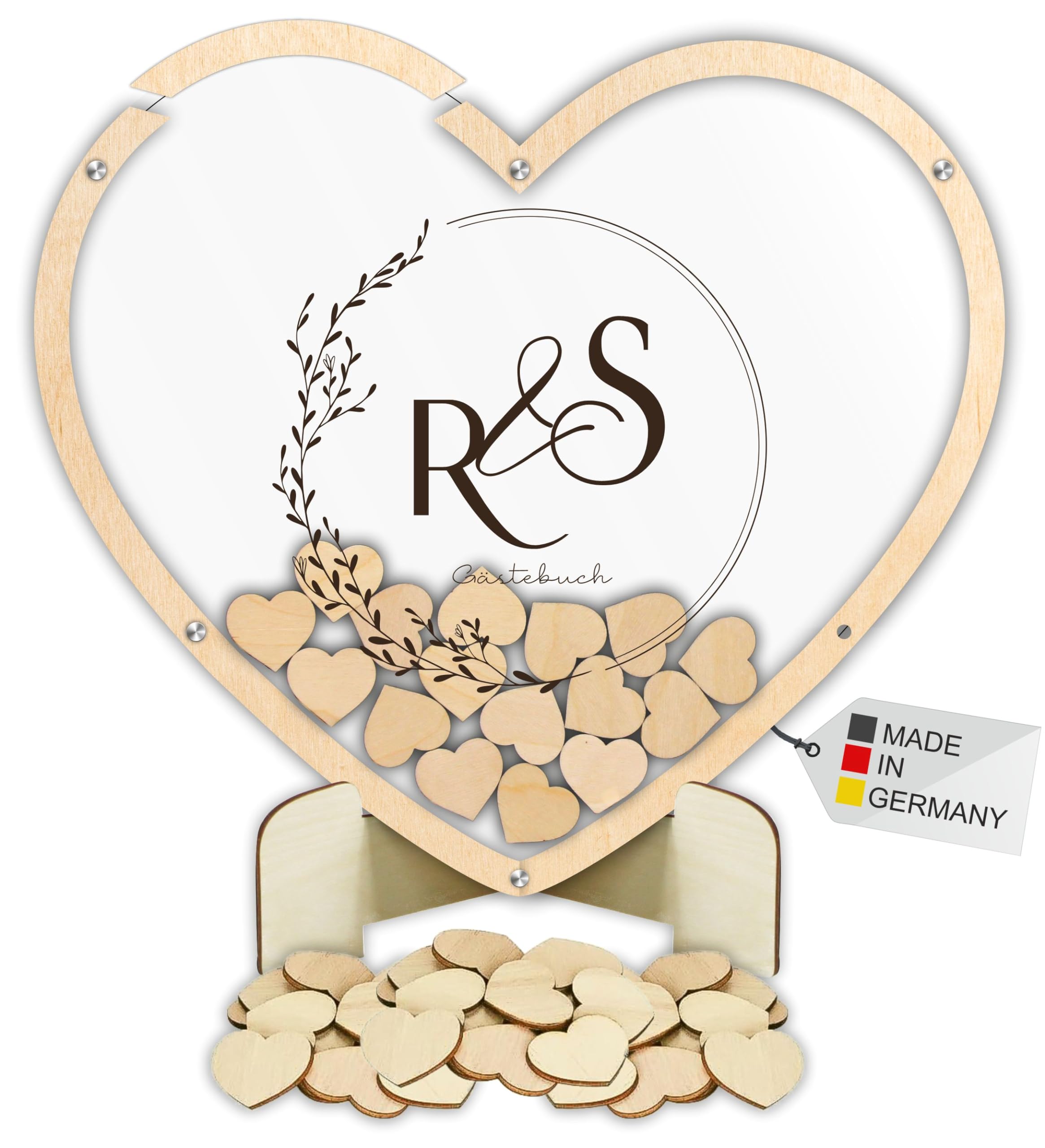 Manschin-Laserdesign Gästebuch Drop in aus Holz und Acrylglas zur Hochzeit, personalisiert, Wunschgravur, Wunschfarbe inkl. Herzen (Hintergrund Farbe Weiß)