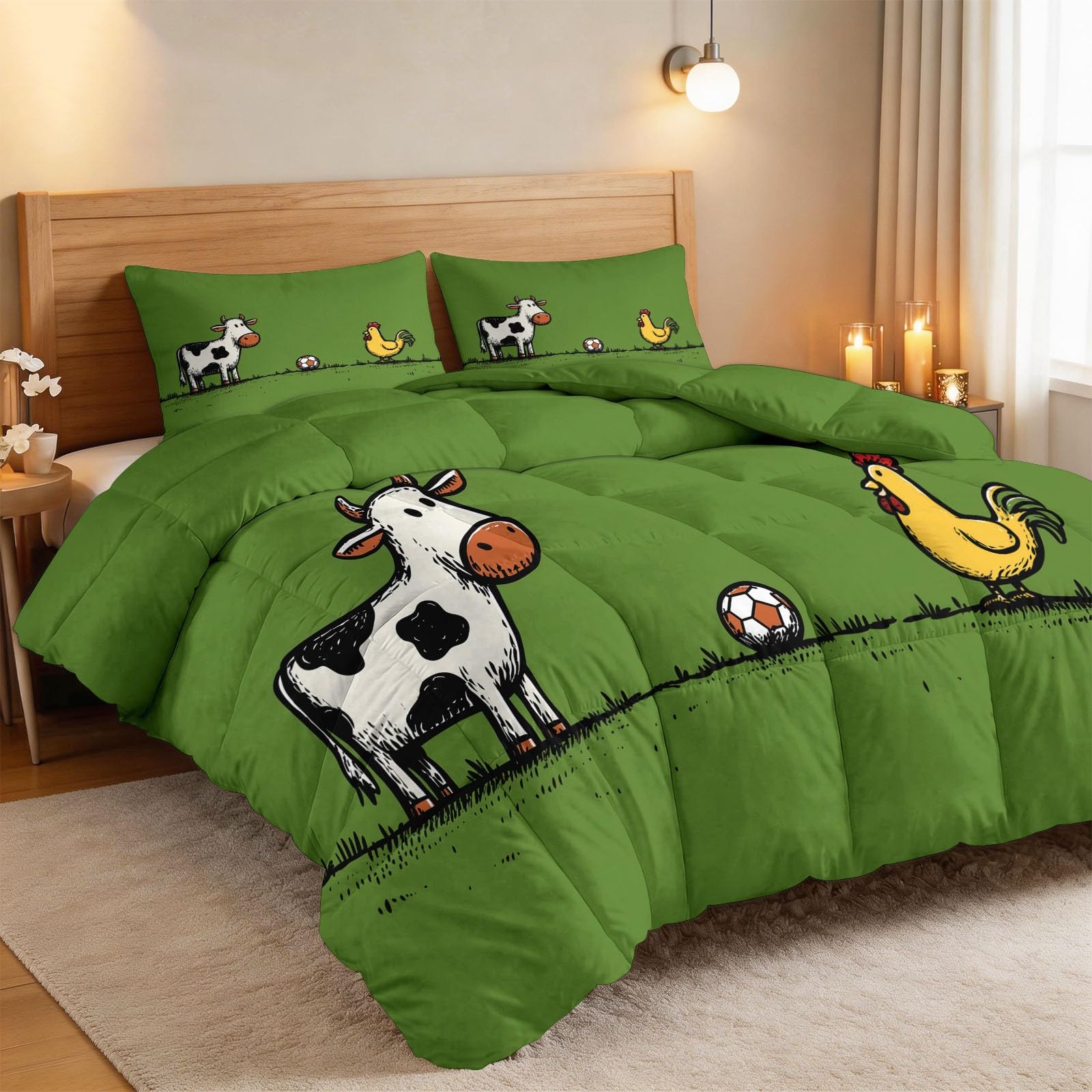 Kuh Henne Fußball Bettdecke 200 x 200 cm 4 Jahreszeiten Steppdecke, Cartoon-Bauernhoftiere Waschbare Ganzjahresdecke Kinder Kleinkinder Bettwaren Set Kinderzimmer Babyzimmer Bettdecke Ohne Bezug