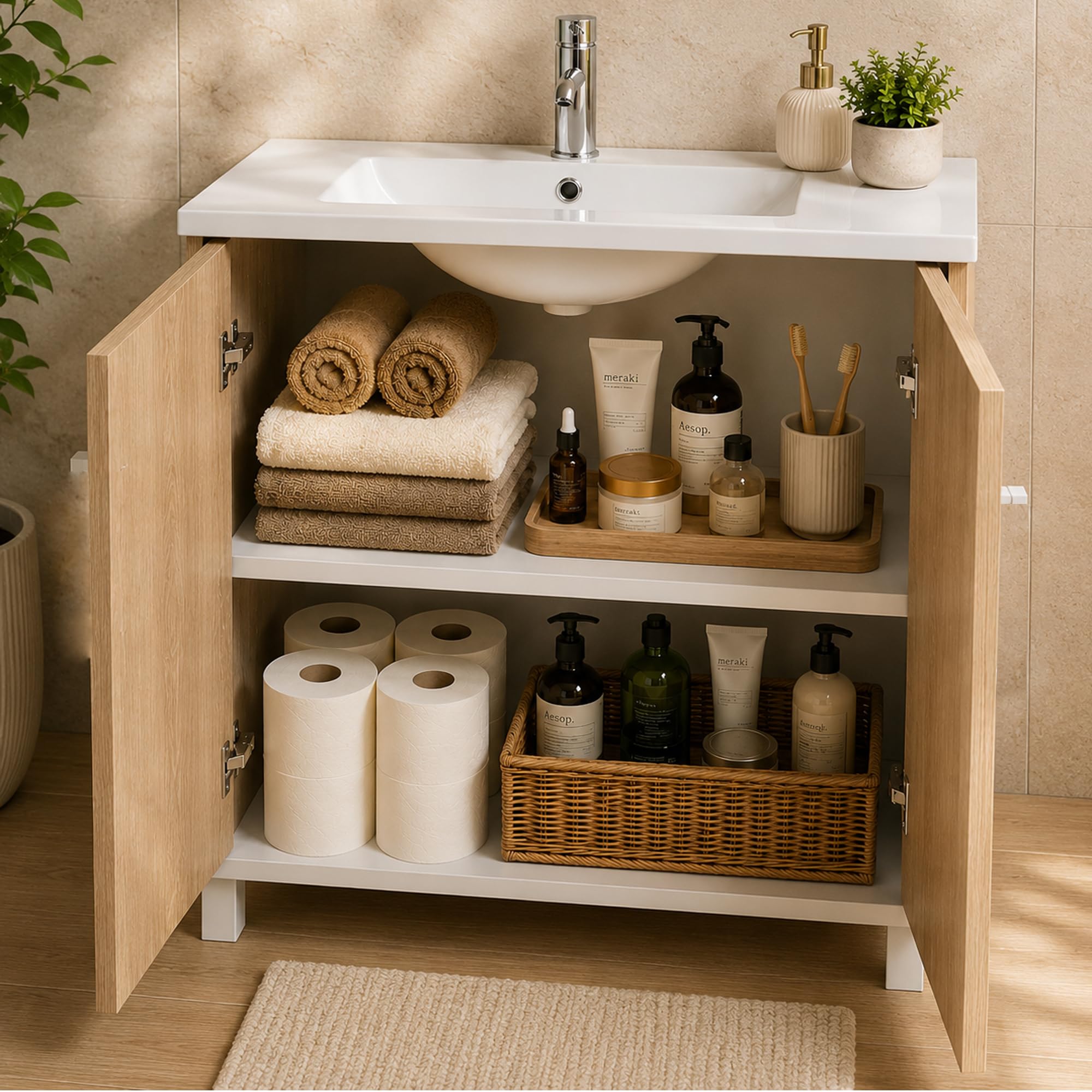 Mueble Baño 80cm Lavabo Baño No Incluye Espejo | Bajo Lavabo Compacto Preinstalado de Fábrica · Lavabo con Pie de Porcelana Ideal