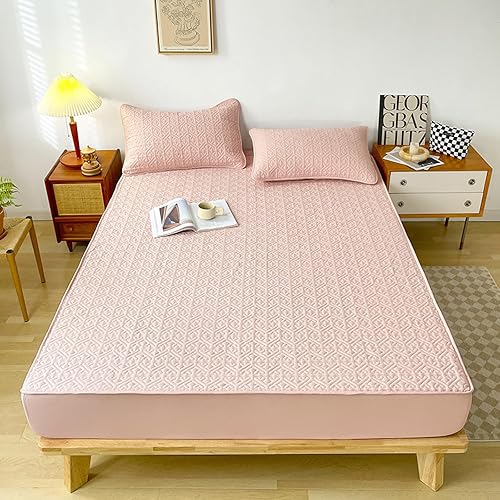 Wrinkle Free Fitted Sheet,Queen Mattress Pad Cooling Mattress Topper Cotton Top Quilted Fitted Mattress Cover Deep Pocket Fits Mattress 12 Inches