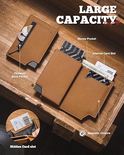 Miniatura 3 de DUGRAFT Billetera plegable desplegable para hombre, soporte delgado de cuero para tarjetas de crédito con cremallera, minimalista, para mujer