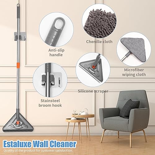 Miniatura 6 de Limpiador de fregona de pared de 85 pulgadas con mango largo y gancho de acero inoxidable, limpiador de pared giratorio de 180, herramienta de