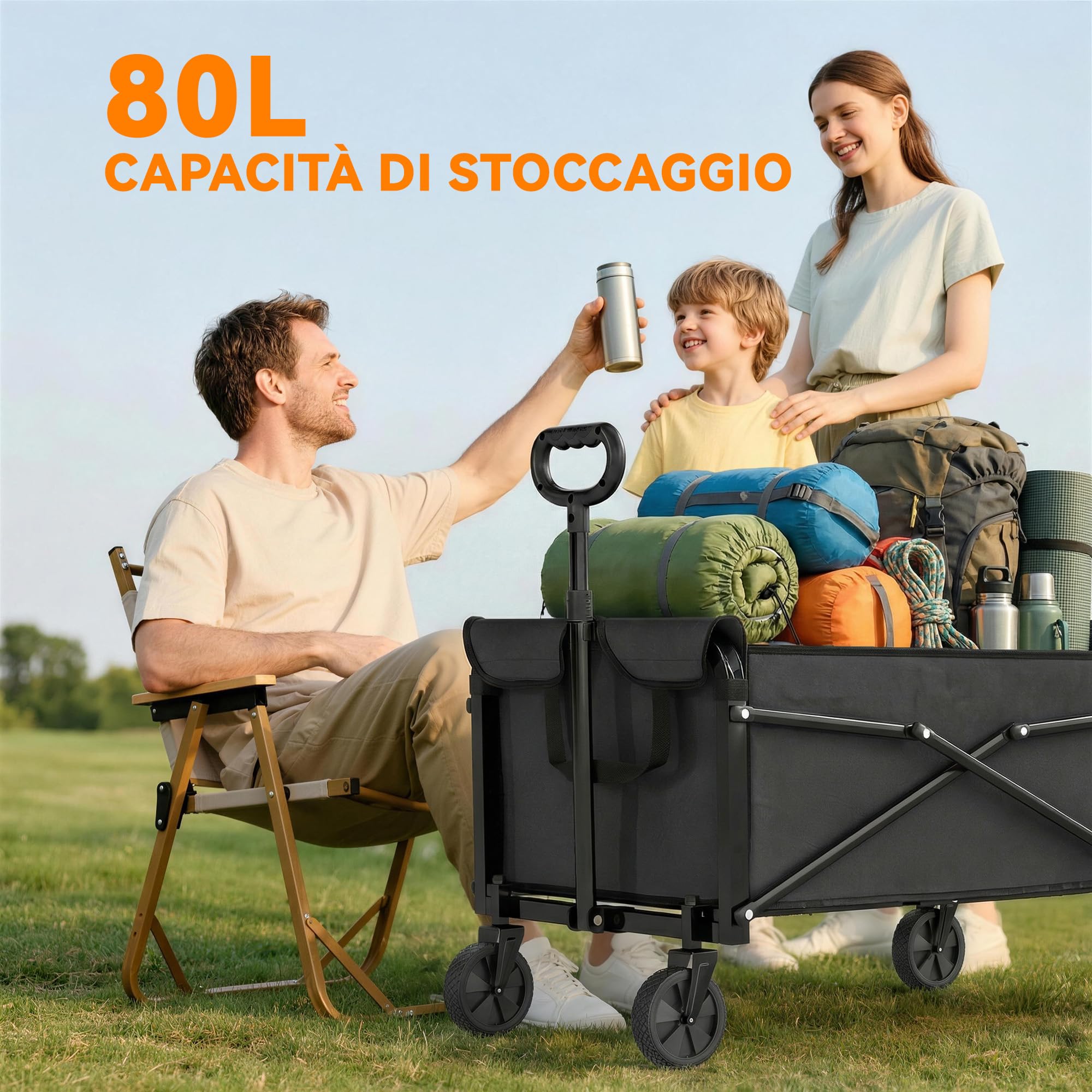Outsunny Carrello da Giardino da 80L con 4 Ruote Girevoli, Carrello Spiaggia Pieghevole in Metallo e Tessuto Oxford con Maniglia Girevole e Regolabile, per Giardino, Campeggio, 78x47.5x92 cm, Nero