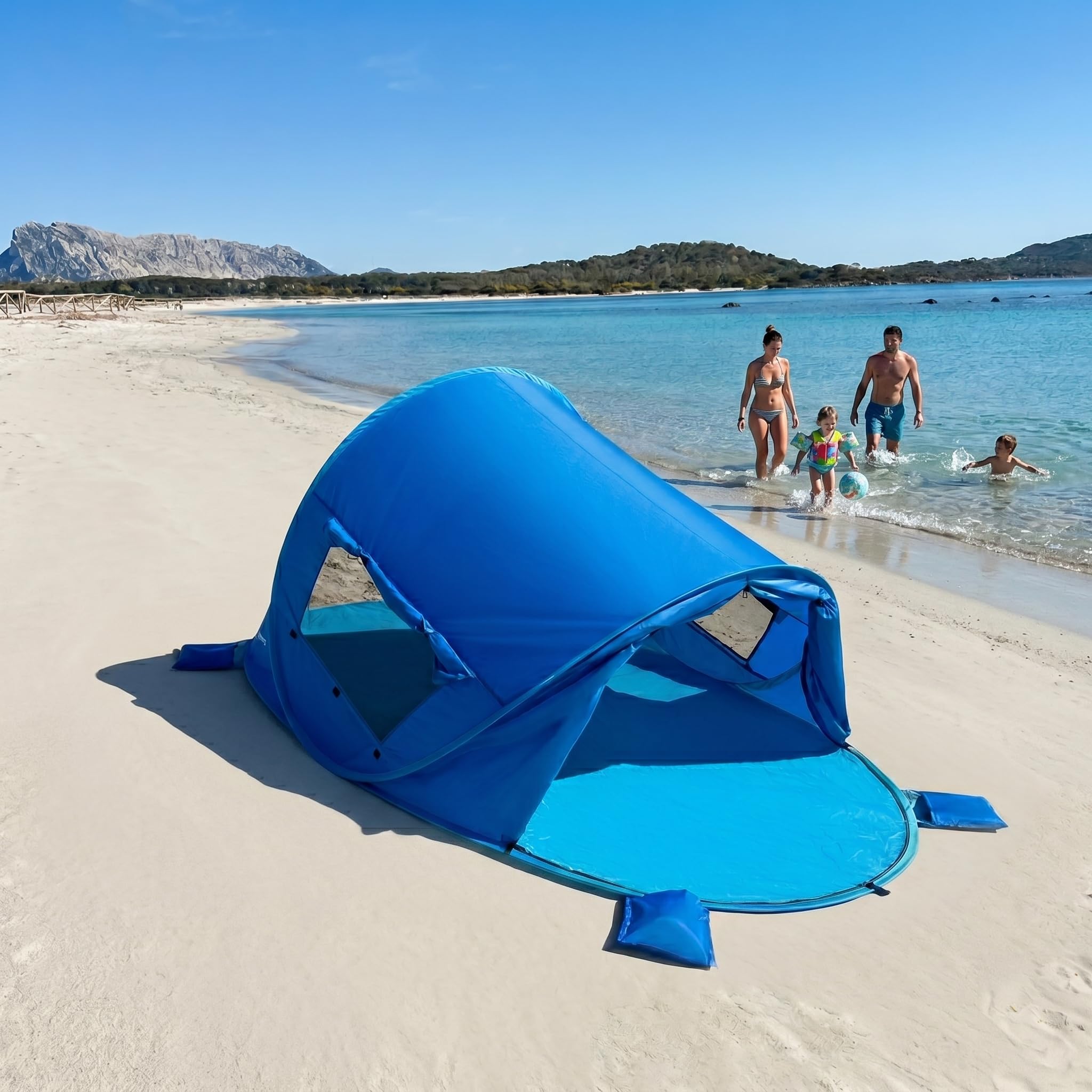 outdoorer Tente de plage Pop Up Beach Air UV 80, 245 x 145 x 100 cm, parfaitement ventilée, 2 fenêtres, 1 porte verrouillable, haute protection UV avec revêtement argenté, 2 adultes et 1 à 2 enfants
