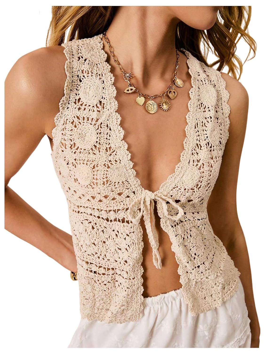 MakeMeChic Womens Crochet Tie Front Vest Top Sleeveless V Neck Scallop Trim Y2K Going Out Tops