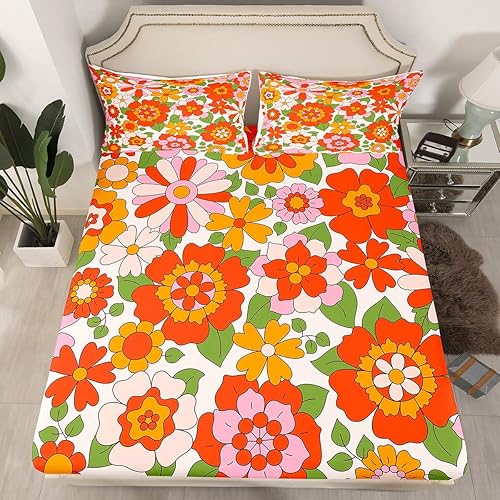 Miniatura 2 de Groovy - Sábanas de flores con bolsillo profundo, sábana bajera ajustable de 60S, 70S, 80S, diseño de flores hippie bohemio, juego de sábanas retro