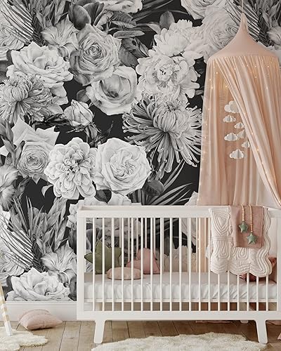 Miniatura 4 de Papel tapiz de rosas blancas y negras, papel tapiz autoadhesivo extraíble para acuarela, papel tapiz floral para despegar y pegar (muestra de 12