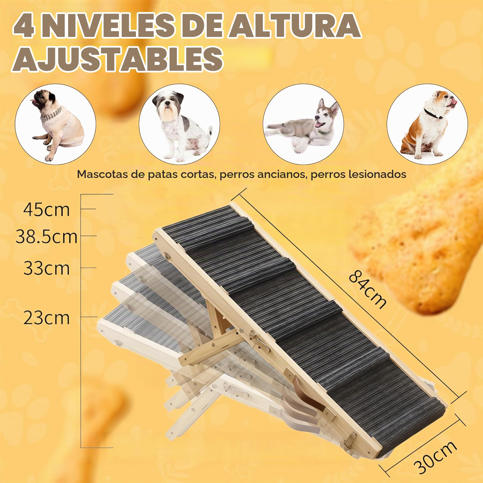 Rampa para Perros de Madera Escalera para Perros 4 escalones Ajustable 23cm a 46cm Rampa Ajustable para Perros para sofá Cama Coche Rampa Plegable para Perros medianos pequeños hasta 60 kg
