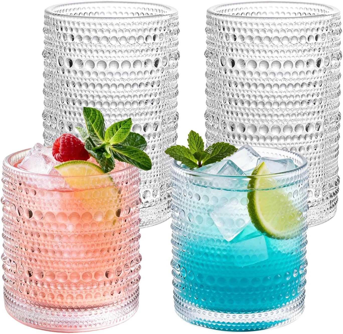Set de 4 Vasos Hobnail Vintage de 12 y 10 Onzas